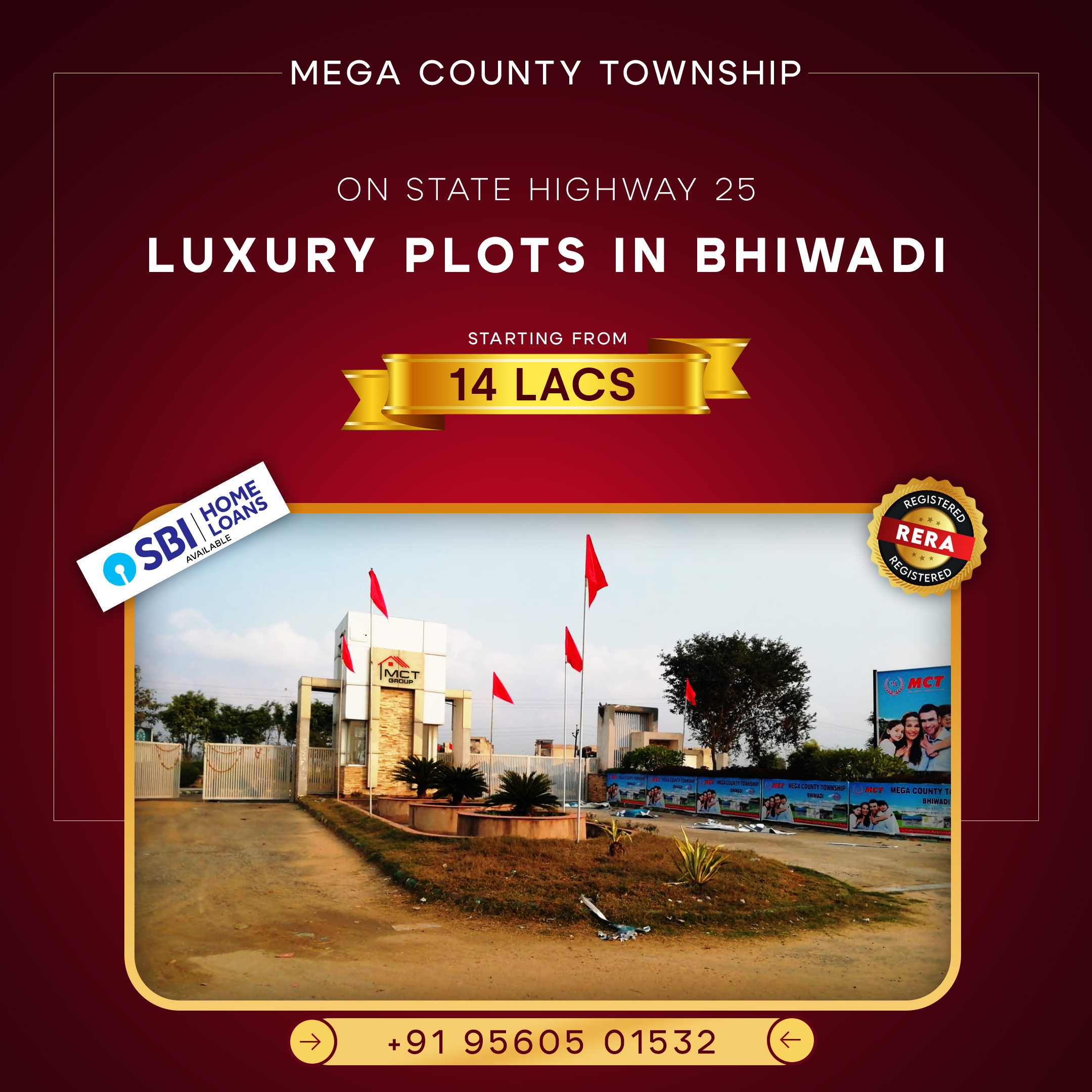 MEGA COUNTY TOWNSHIP

ON STATE HIGHWAY 25

LUXURY PLOTS IN BHIWADI

STARTING FROM Sd

   
   

TTI)
2)

— Eats 2 soscas =

>) +9195605 01532 (</