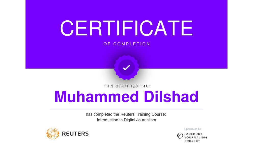 CERTIFICATE

   

v
Muhammed Dilshad

i i REUTERS