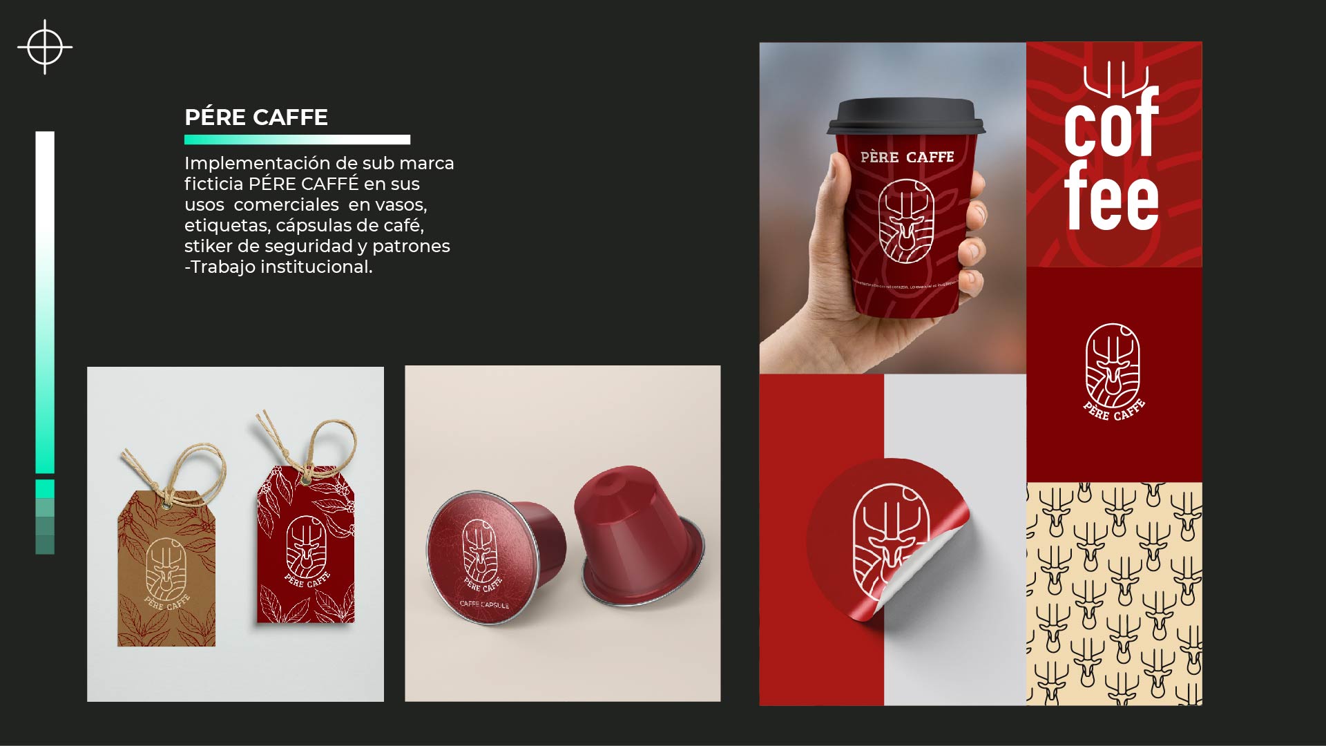 PERE CAFFE

CL ——
Implementacion de sub marca
ficticia PERE CAFFE en sus
usos comerciales en vasos,
etiquetas, capsulas de café,
stiker de seguridad y patrones
-Trabajo institucional.

      
 
 
 
 
  

A AN 353