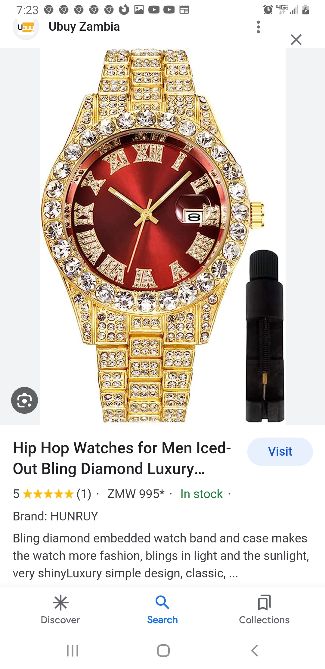 722909090000 LOOE oF. a
u Ubuy Zambia :

 

Hip Hop Watches for Men Iced- Visit
Out Bling Diamond Luxury...

5 (1) - ZMW 995* - In stock -

Brand: HUNRUY

Bling diamond embedded watch band and case makes
the watch more fashion, blings in light and the sunlight,
very shinyLuxury simple design, classic, ...

- Q A

Discover Search Collections

1 Oo 
