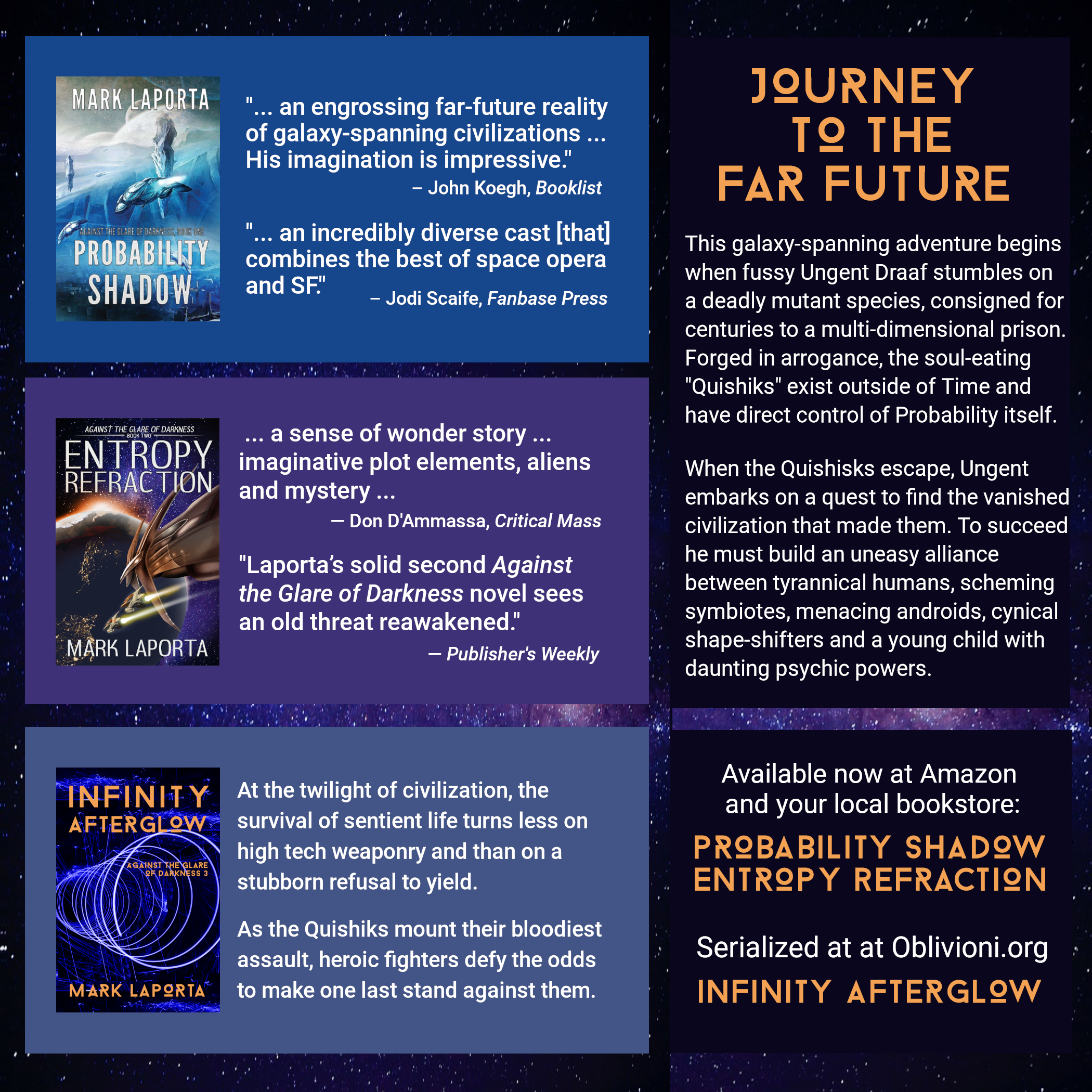 SRL Ae AT 5

La

wv? # “ 4
VLG LAPORTA

ALISTER

 

MARK LAPORTA

“... an engrossing far-future reality
of galaxy-spanning civilizations ...
His imagination is impressive."

— John Koegh, Booklist

"... an incredibly diverse cast [that]
combines the best of space opera
and SF’

— Jodi Scaife, Fanbase Press

... a sense of wonder story ...
imaginative plot elements, aliens
and mystery ...

— Don D'Ammassa, Critical Mass

“Laporta’s solid second Against
the Glare of Darkness novel sees
an old threat reawakened.'

— Publisher's Weekly

At the twilight of civilization, the
survival of sentient life turns less on
high tech weaponry and than on a
stubborn refusal to yield.

As the Quishiks mount their bloodiest
assault, heroic fighters defy the odds
to make one last stand against them.

JOURNEY
TQ THE
FAR FUTURE

This galaxy-spanning adventure begins
when fussy Ungent Draaf stumbles on
a deadly mutant species, consigned for
centuries to a multi-dimensional prison.
Forged in arrogance, the soul-eating
"Quishiks" exist outside of Time and
have direct control of Probability itself.

When the Quishisks escape, Ungent
embarks on a quest to find the vanished -
civilization that made them. To succeed
he must build an uneasy alliance
between tyrannical humans, scheming
symbiotes, menacing androids, cynical
shape-shifters and a young child with
daunting psychic powers.

Available now at Amazon
and your local bookstore:

PROBABILITY SHADOW
ENTROPY REFRACTICN

Serialized at at Oblivioni.org
INFINITY AFTERGLOW