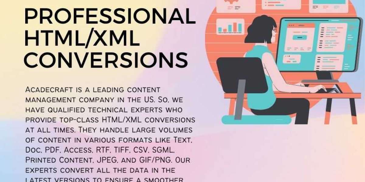 PROFESSIONAL
HTML/XML
CONVERSIONS

ACADECRAFT IS A LEADING CONTENT
MANAGEMENT COMPANY IN THE US. SO. WE
HAVE QUALIFIED TECHNICAL EXPERTS WHO
PROVIDE TOP-CLASS HTML/XML CONVERSIONS
AT ALL TIMES. THEY HANDLE LARGE VOLUMES
OF CONTENT IN VARIOUS FORMATS LIKE TEXT.
Doc. PDF. ACCESS. RTF. TIFF, CSV. SGML.
PRINTED CONTENT. JPEG. AND GIF/PNG. CUR
EXPERTS CONVERT ALL THE DATA IN THE

| ATEST VERSIONS TO ENSIIRE A SMOOTHER