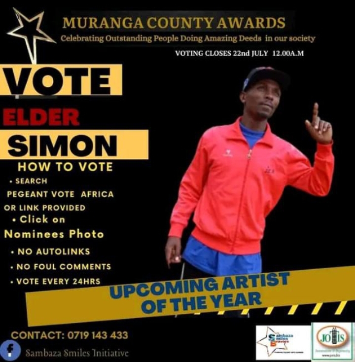 MURANGA COUNTY AWARDS
Celebrating Outstanding People Doing Amazing Deeds in our society
VOTING CLOSES 22nd JULY 12.00A.M

  
  
  
 
   
  
  
  

HOW TO VOTE
Te
PEGEANT VOTE AFRICA
CLT LETT)
BEET)
Nominees Photo
+ NO AUTOLINKS
+ NO FOUL COMMENTS
+ VOTE EVERY 24HRS

UPCOM
CONTACT: 0719 143 433 er |B)