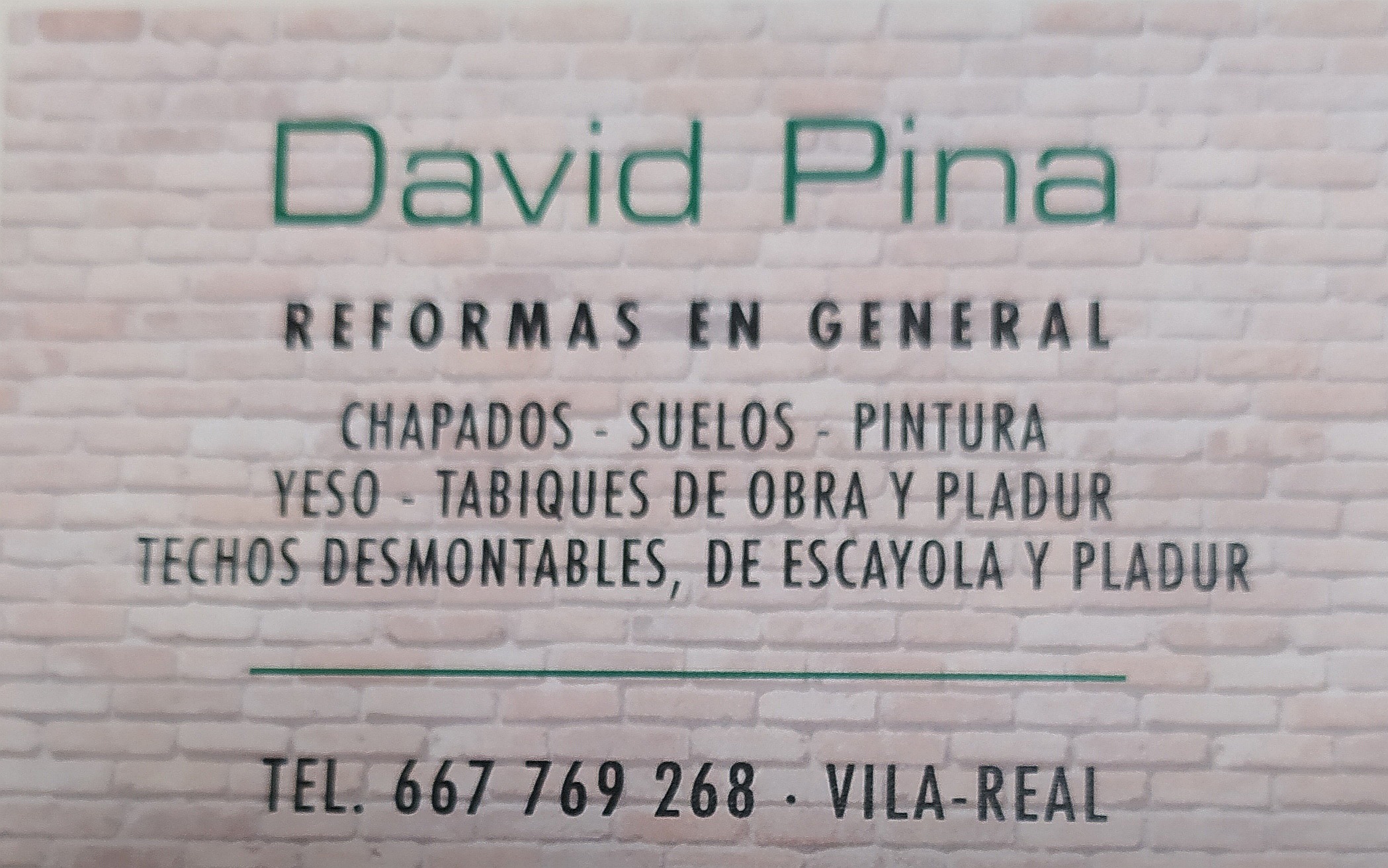 David Pina

REFORMAS EN GENERAL

(HAPADOS - SUELOS - PINTURA
YESO - TABIQUES DE OBRA Y PLADUR
TECHOS DESMONTABLES, DE ESCAYOLA Y PLADUR

 

sali