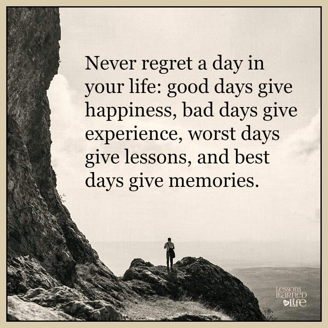 Never regret a day in
your life: good days give
happiness, bad days give
experience, worst days
give lessons, and best

days give memories.