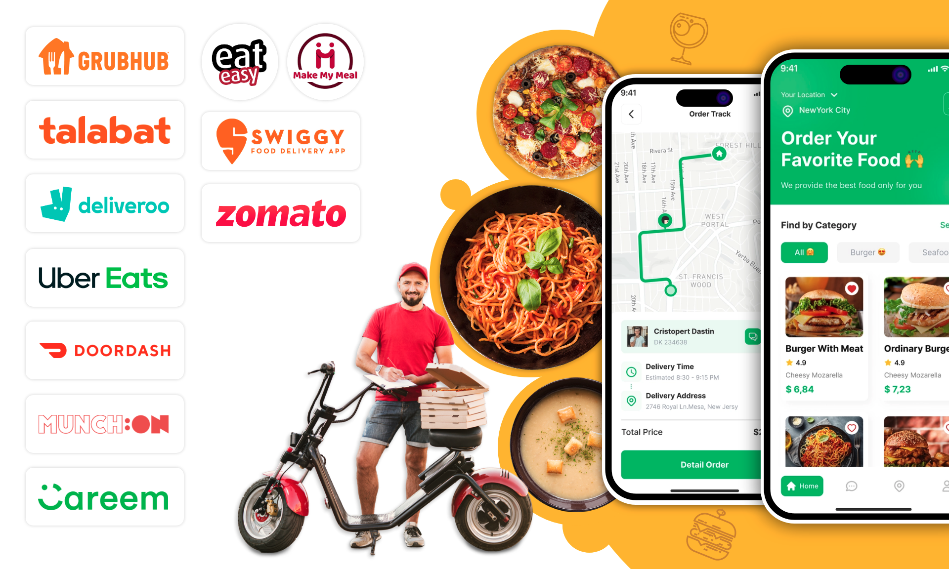 {1 crusHuB

talabat
d deliveroo

Uber Eats

SD DOORDASH

wareem

Ef] Ha

XD) Make My Meal

  
    
  
  

9:41

(CTI

®@ LTC Ye
He i #
Gsvicoy Ns aed) Order Your
\ h SE | Favorite Food ¢+4

We provide the best food only for you

zomato

Find by Category

@o

Delivery Time
©

      
     
 
     

Burger With Meat Ordinary Burge
49 a9

® Delivery Adcress $684 $723

si

LC a

   

Total Price