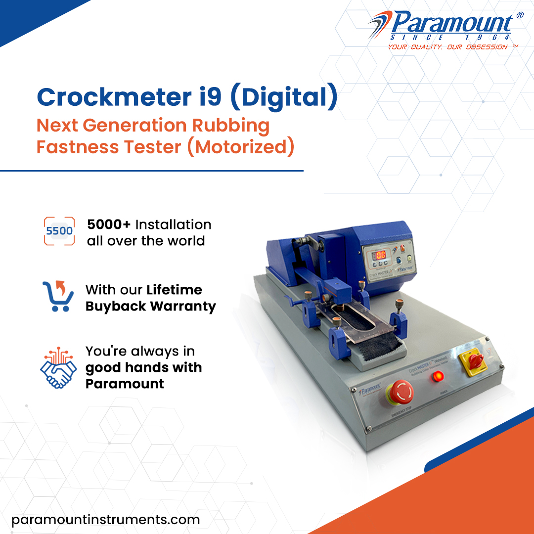 Crockmeter i9 (Digital)

Next Generation Rubbing
Fastness Tester (Motorized)

fss00 5000+ Installation

LJ all over the world

% , with our Lifetime
ee Buyback Warranty

l=. You're always in
good hands with
Paramount

 

pa ramountinstruments.com
