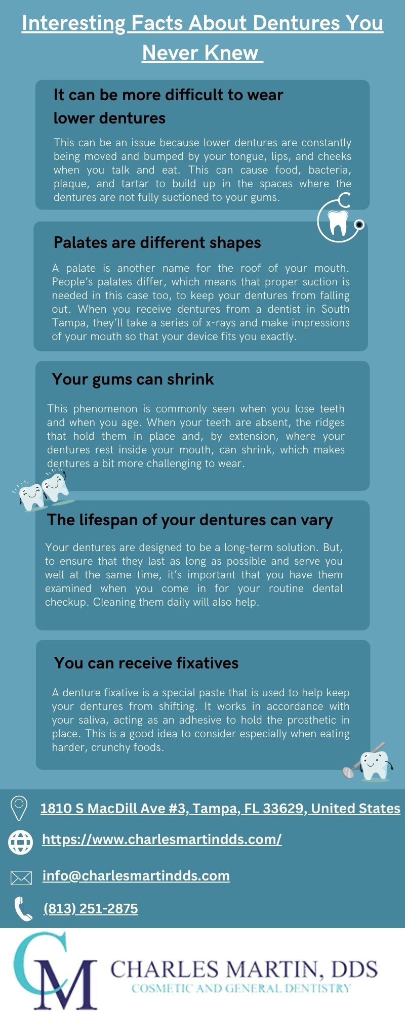 Interesting Facts About Dentures You
Never Knew

his can be an iss

 
 
 
 
   
       

 

sRE Tate lof
you talk ar

and tartar tc
tures are not fully s

 

 

our gums

res a bit more challengir

 

 

A denture fixativ

  
 
 
 

ur dentures fr

 

place
harder, crunchy

1810 S MacDill Ave #3, Tampa, FL 33629, United States

(2) https://www.charlesmartindds.com/

54 info@charlesmartindds.com

" (813) 251-2875

CHARLES MARTIN, DDS