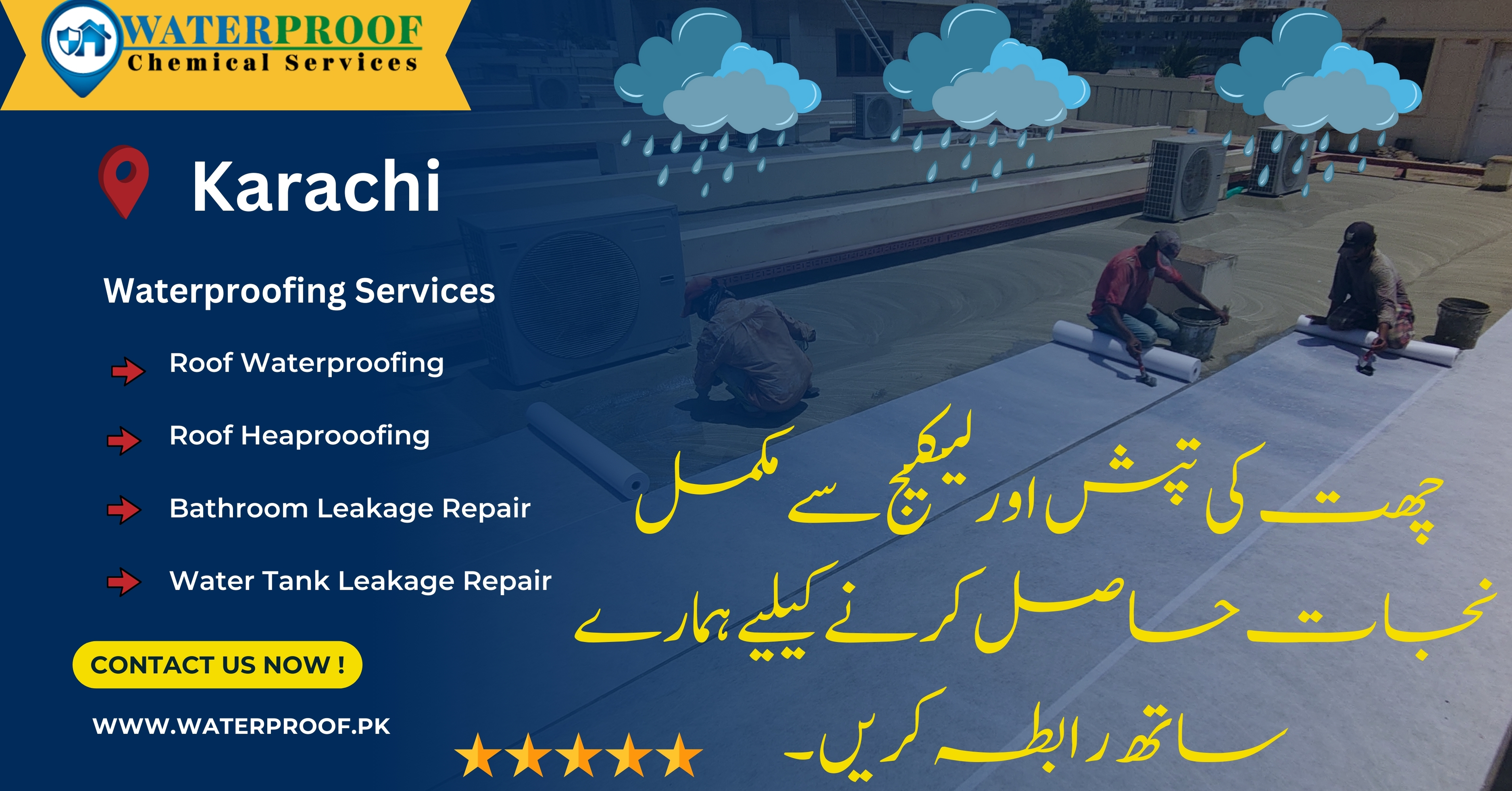 WATERPROOF

Chemical Services

    

VE rE AE
‘

Karachi a1

Waterproofing Services

Roof Waterproofing

Roof Heaprooofing E,
Bathroom Leakage Repair past hy

Water Tank Leakage Repair
a
g

WWW. WATERPROOF.PK