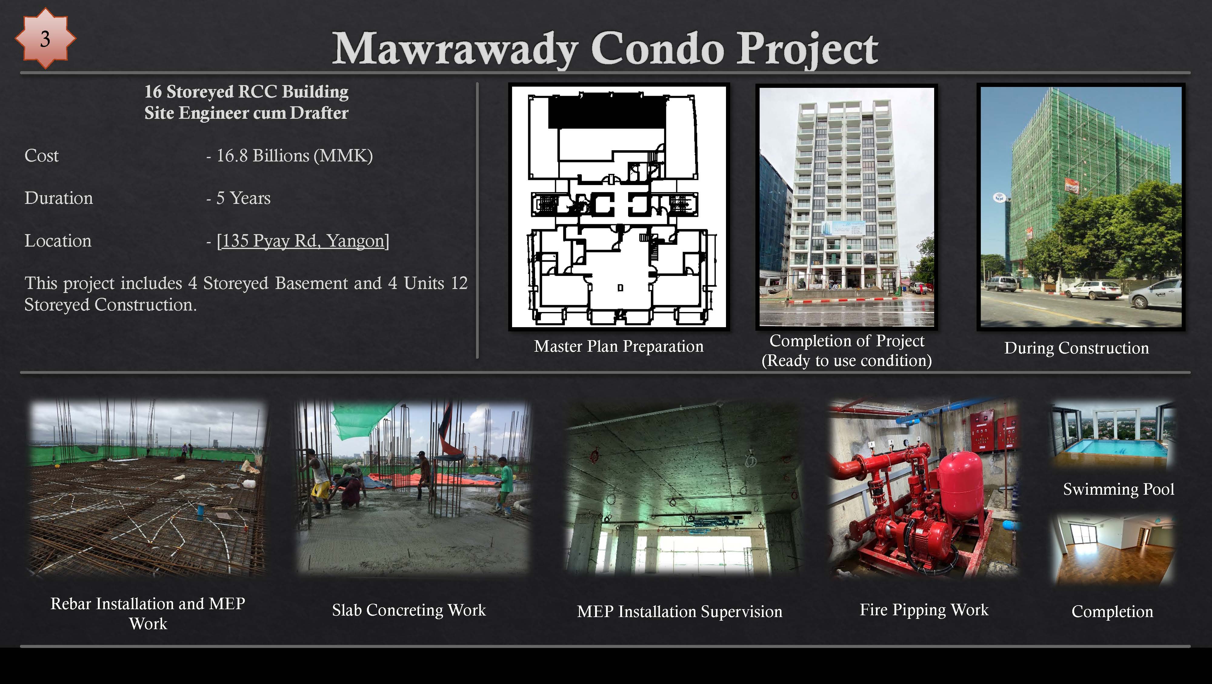 Mawrawady Condo Project

16 Storeyed RCC Building
Site Engineer cum Drafter

Glo} - 16.8 Billions (MMK)
Duration SRR GETS
Location - [135 Pyay Rd, Yangon]

This project includes 4 Storeyed Basement and 4 Units 12
Storeyed Construction.

     

: — TE

Master Plan Preparation empl Oil THe fH DIST A Qe eg Tua le)0
(Ready to use condition)

 
  
  
 

  

ft |

TTT rp
ET === :
Ht CET ay
RT ar

BH E

IS L 1]

 

Rebar Installation and MEP SP RO Te CT Lee
Work

MEP Installation Supervision Fire Pipping Work Completion