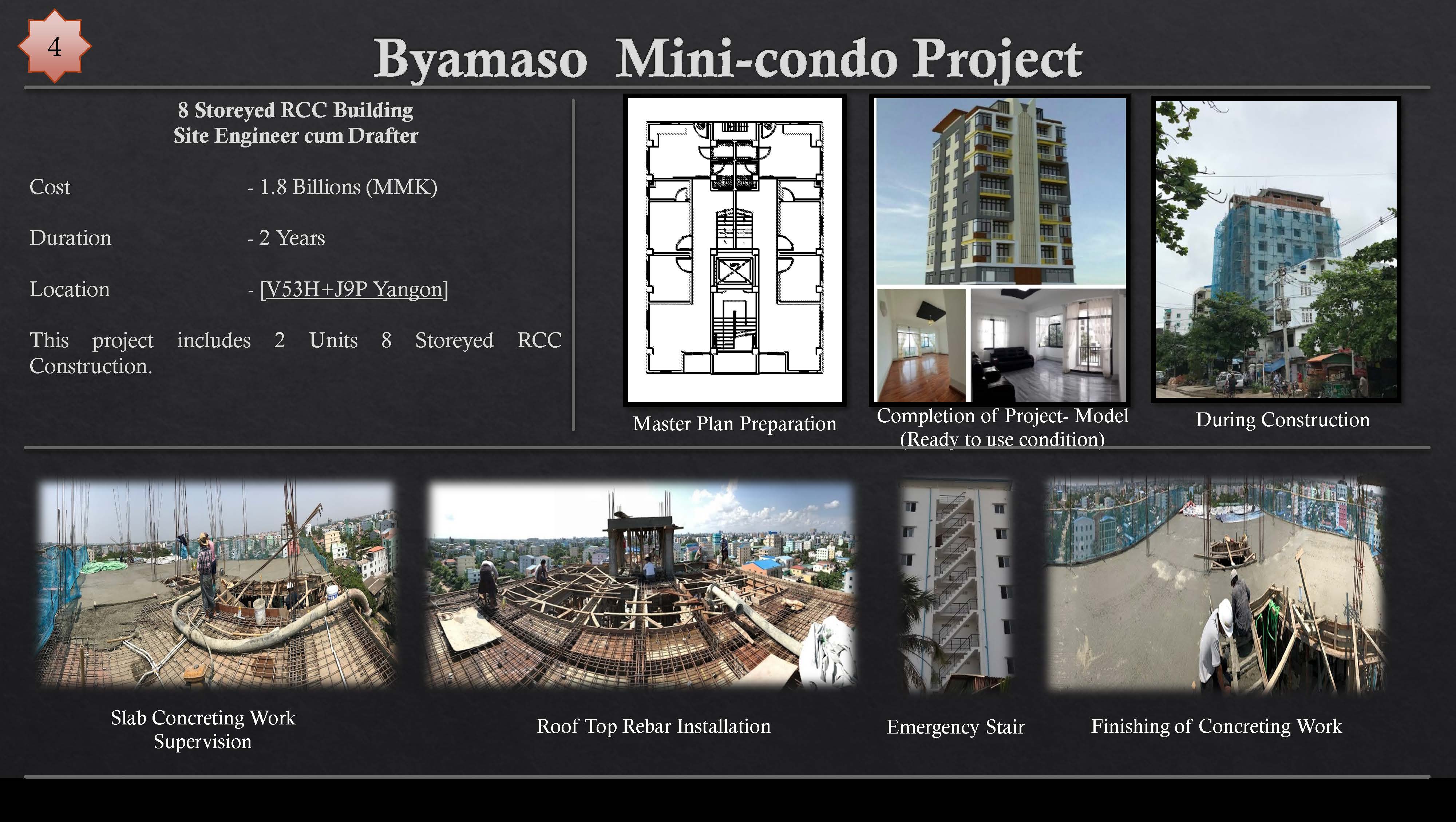 Byamaso Mini-condo Project

   

A pr EE Aix
Cost - 1.8 Billions (MMK) an—s WM iE
Duration - 2 Years
Location - [V53H+J9P Yangon]

This project includes 2 Units 8 Storeyed RCC
@fe) iN igileisle) ol

 

Ge

» 4 _ a ENN wl J
Completion of Project- Model BITS TIA @e Rs Ita aTe30
(Ready to use condition)

 

 

Slab Concreting Work
Supervision

Roof Top Rebar Installation Emergency Stair Finishing of Concreting Work