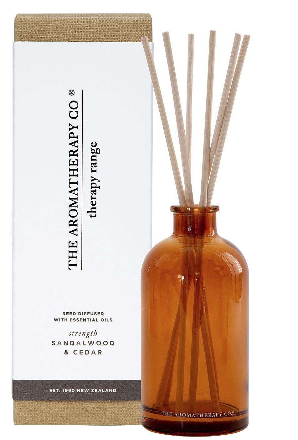 THE AROMATHERAPY CO ©
therapy range

REED DIFFUSER
WITH ESSENTIAL OILS

strength
SANDALWOOD
&amp; CEDAR

EST. 1990 NEW ZEALAND