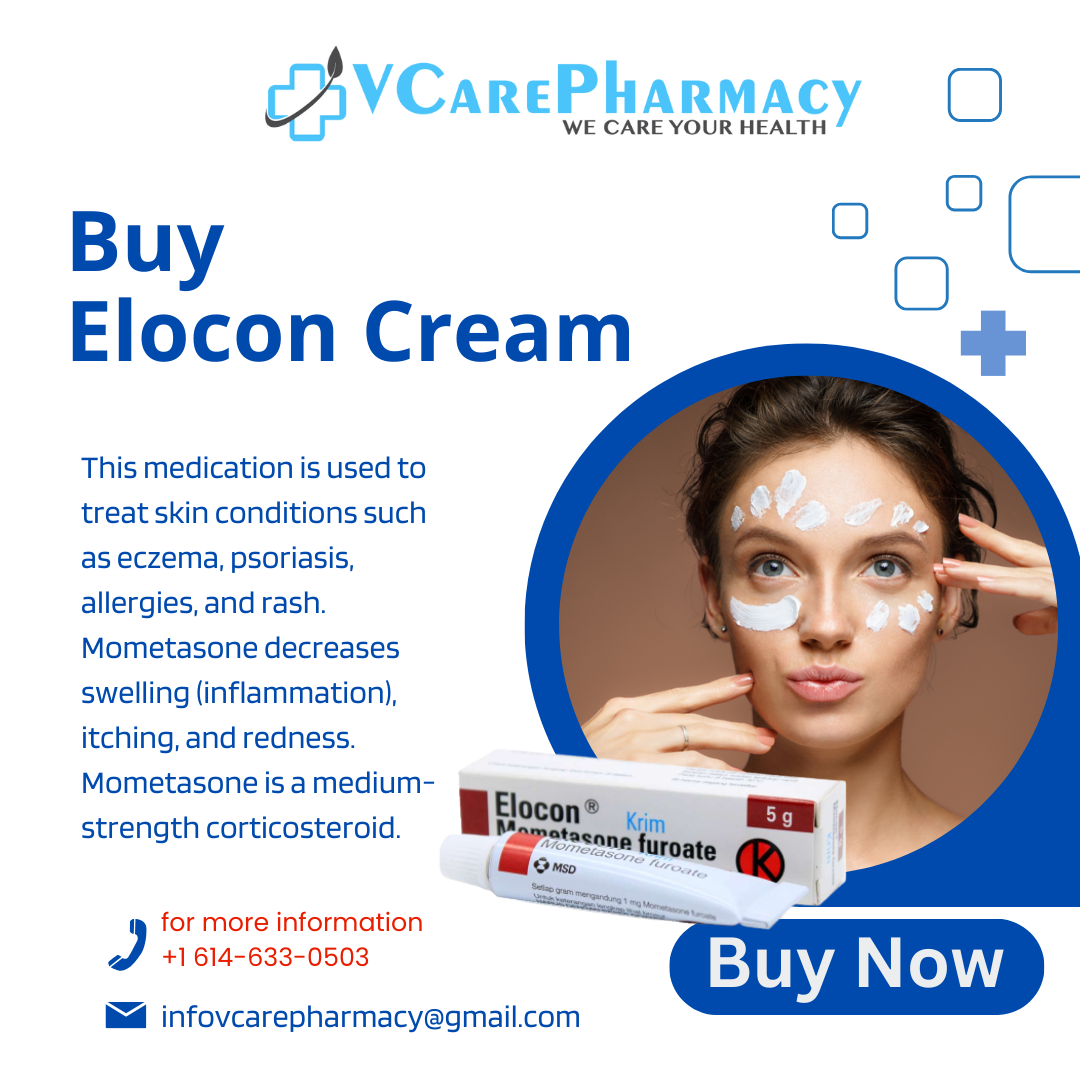 (AVCarePharmacy O

WE CARE YOUR HEALTH

Buy -
Elocon Cream gE

  

This medication is used to
treat skin conditions such
as eczema, psoriasis,
allergies, and rash.
Mometasone decreases
swelling (inflammation),
itching, and redness.
Mometasone is a medium-
strength corticosteroid. Wilco”

J for more information a

+1 614-633-0503 Buy Now
Bd infovcarepharmacy@gmail.com