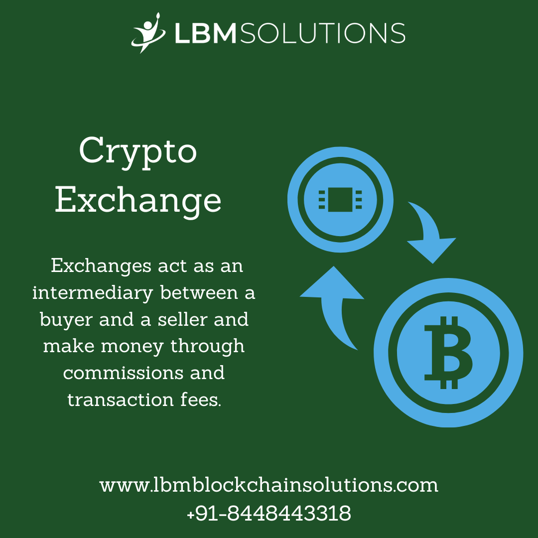 3 LBMSOLUTIONS

(@)gig0]de
Exchange (=) )

Exchanges act as an

intermediary between a
buyer and a seller and
make money through

commissions and
transaction fees.

www.lbmblockchainsolutions.com
+01-8448443318