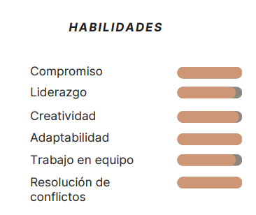 HABILIDADES
Compromiso
Liderazgo
Creatividad
Adaptabilidad
Trabajo en equipo
Resolucion de
confiictos