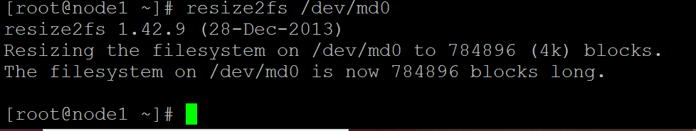 @nodel AS r
e2is 1.42.

zing the {110s
The filesystem on Jed /md0 [RSE Stet] HOYT blocks 1

  

size2ts /dev/mdO
y Dec=-2013)

 

   

SITeH

[Bat

 

t.@nodel ~ 8 [ |

on /dev/md0 to 784896 (4k) blocks.