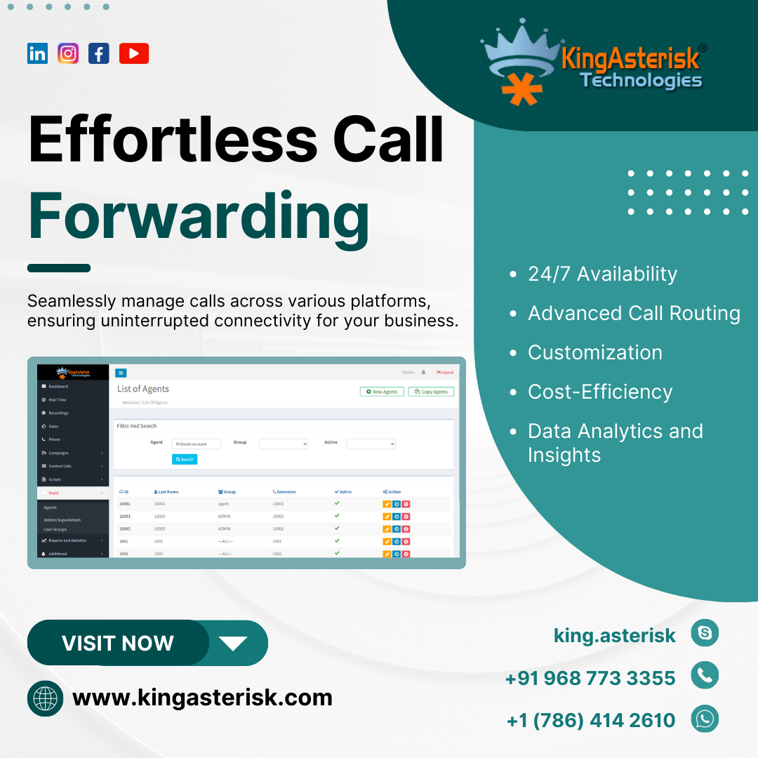 neE0D »

Effortless Call
Forwarding

Seamlessly manage calls across various platforms, Py RE: 3
ensuring uninterrupted connectivity for your business. dvanced Call Routing

   

Technologies

24/7 Availability

Customization

Cost-Efficiency

Data Analytics and
Insights

 

VIE hl el") wv king.asterisk ®

] ] +919687733355 (®
e www .kingasterisk.com
+1(786) 4142610 @