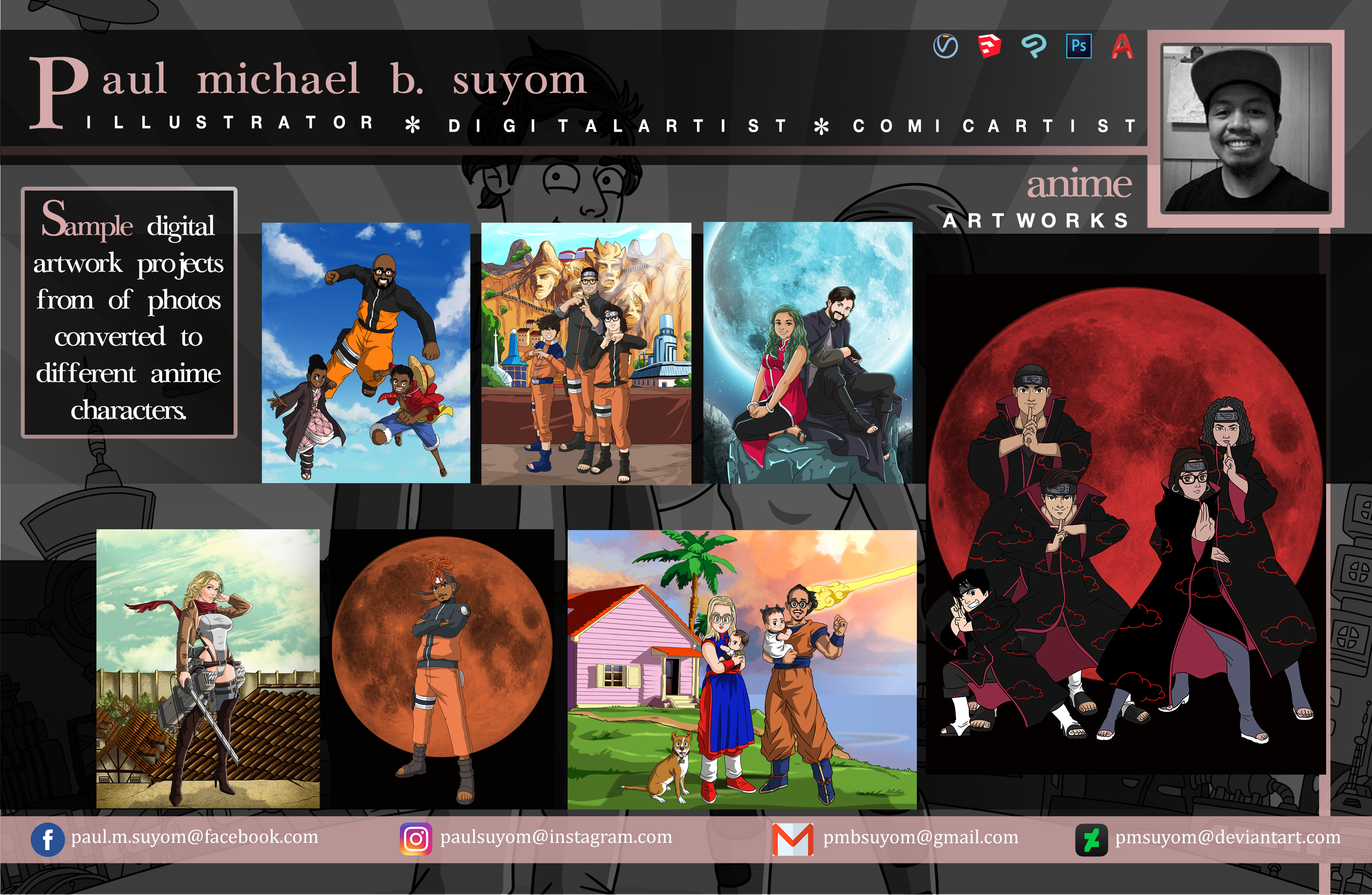 | CREAN
Pau michael b. suyom
|

LLUSTRATOR 3% DI

GI TALARTI ST % COMI CARTI ST

NT digital
artwork projects
from of photos
converted to
different anime
characters