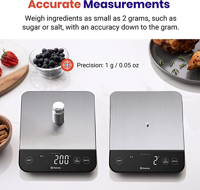 Accurate Measurements

Weigh ingredients as small as 2 grams, such as
sugar or salt, with an accuracy down to the gram.

= Precision: 1g / 0.05 0z

-

- »

3 BR