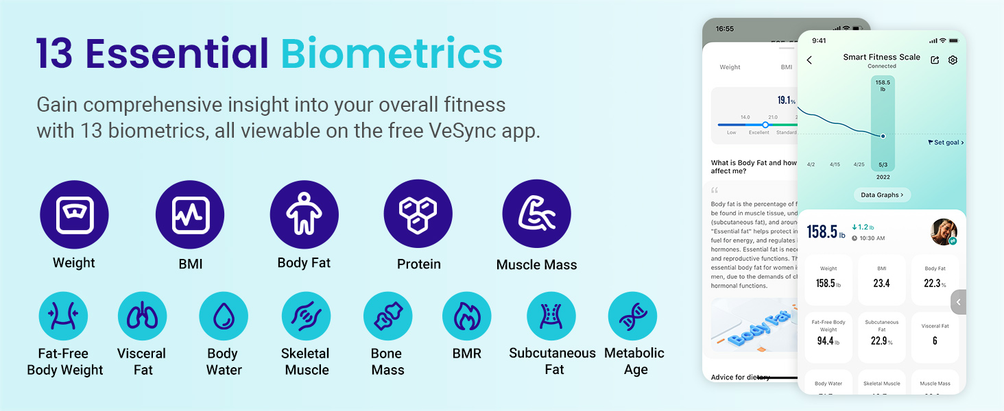 13 Essential Biometrics

Gain comprehensive insight into your overall fitness
with 13 biometrics, all viewable on the free VeSync app.

©6000

Body Fat

Weight

Fat-Free
Body Weight

Visceral

Fat

rl

Skeletal
Muscle

Protein

Bone
Mass

BMR

Muscle Mass

Subcutaneous Metabolic

Fat

Age

 

hg

slides

23

 

Arie te ute
