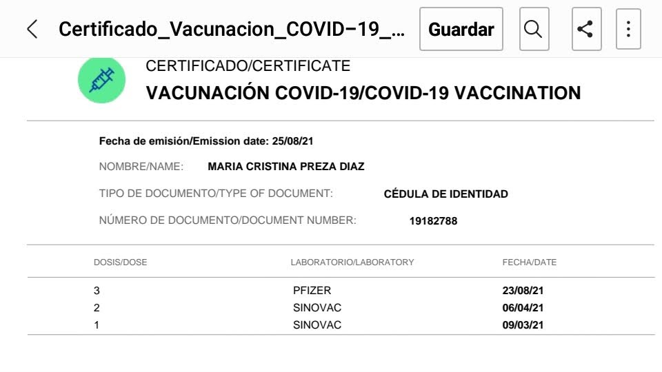 { Certificado_Vacunacion_COVID-19_... | Guardar Q |&lt;
&amp; CERTIFICADO/CERTIFICATE
VACUNACION COVID-19/COVID-19 VACCINATION

Fecha de emision/Emission date: 25/08/21

IBRENAME MARIA CRISTINA PREZA DIAZ

 

CEDULA DE IDENTIDAD

  

    

19182788

3 PFIZER 23/08/21
2 SINOVAC 06/04/21
1 SINOVAC 09/03/21