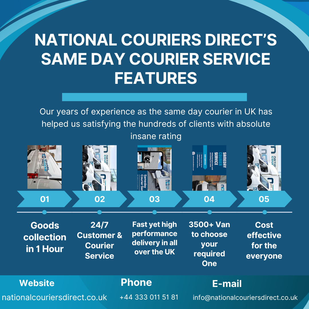 NATIONAL COURIERS DIRECT'S
SAME DAY COURIER SERVICE
FEATURES
Our years of experience as the same day courier in UK has
helped us satisfying the hundreds of clients with absolute
insane rating
Goods 24/7 Fastyethigh 3500+ Van Cost
collection Customer & performance to choose effective
nivour Cour Selndl you forme
Service required everyone
One
Website Phone E-mail
nationalcouriersdirect.co.uk +44 333 011 51 81 info@nationalcouriersdirect.co.uk