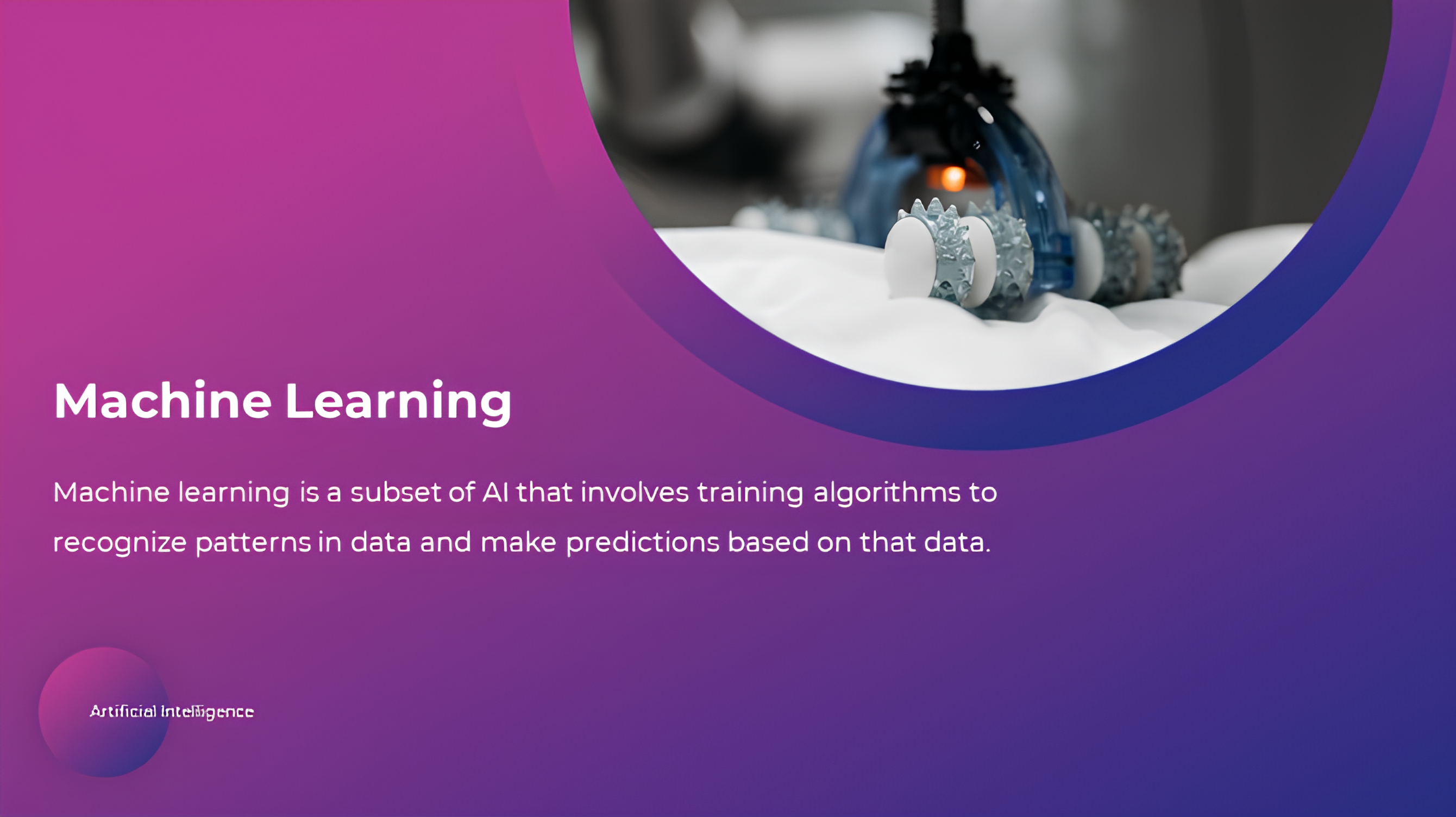 Machine Learning

Machine learning is a subset of Al that involves training algorithms to

recognize patterns in data and make predictions based on that data.

Artificial Intelligence