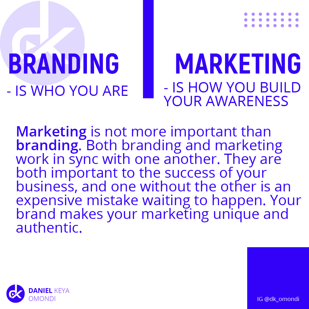 BRANDING MARKETING

-1S WHO YOU ARE -1S HOW YOU BUILD
YOUR AWARENESS

Marketing is not more important than
branding. Both branding and marketing
work in sync with one another. They are
both important to the success of your
business, and one without the other is an
expensive mistake waiting to happen. Your
brand makes your marketing unique and
authentic.

 

cH DANIEL KEVA