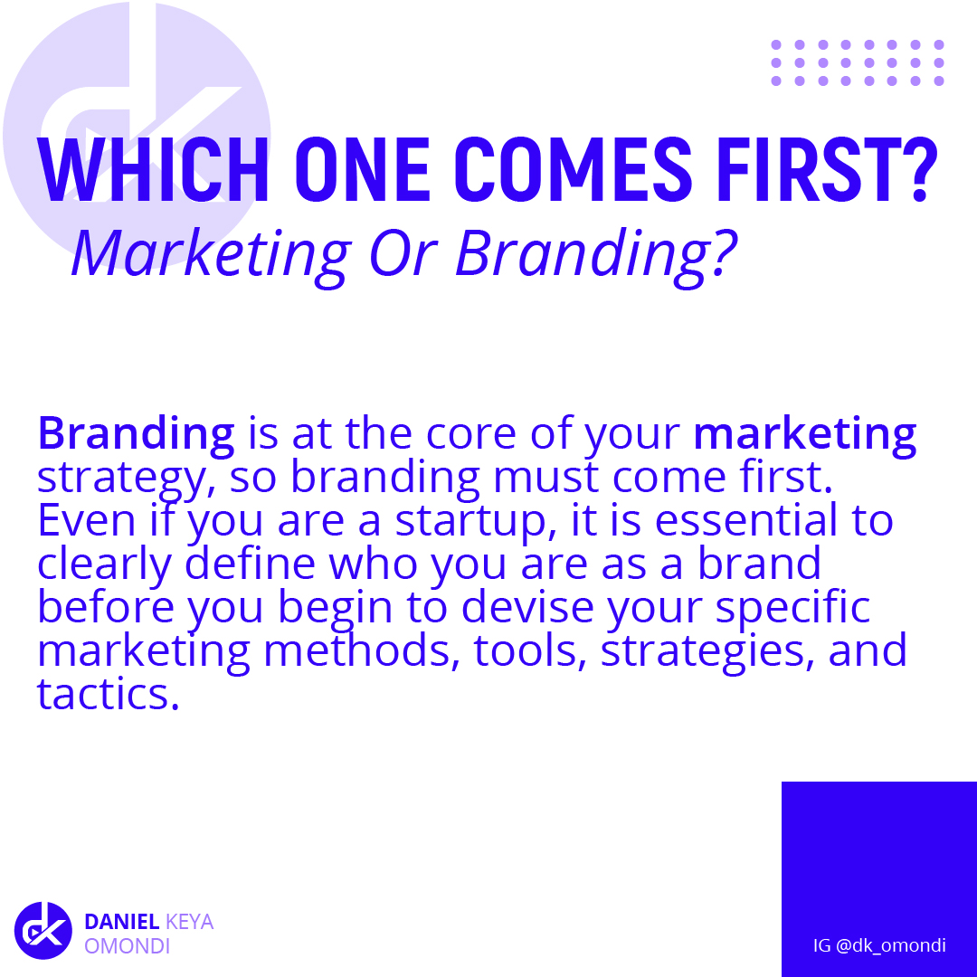 WHICH ONE COMES FIRST?
Marketing Or Branding?

Branding is at the core of your marketing
strategy, so branding must come first.
Even if you are a startup, itis essential to
clearly define who you are as a brand
before you begin to devise your specific
marketing methods, tools, strategies, and
tactics.

 

cH DANIEL KEVA