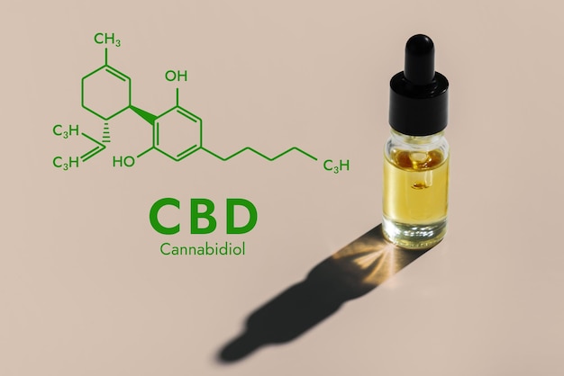 Photo legalized cbd oil in container with a dropper lid and biochemistry formula