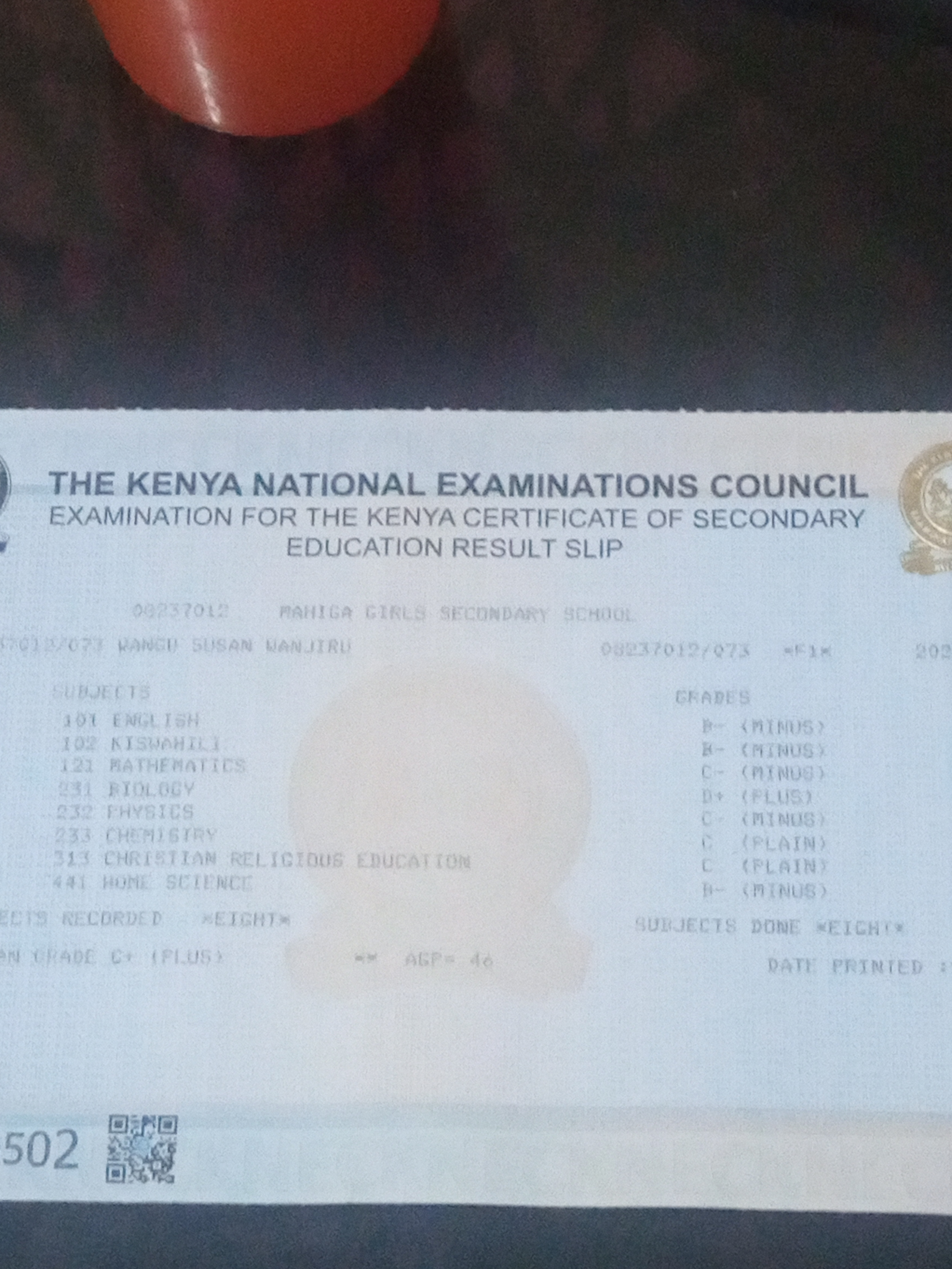 THE KENYA NATIONAL EXAMINATIONS COUNCIL
EXAMINATION FOR THE KENYA CERTIFICATE OF SECONDARY
9 FDUCATION RESULT SLIP

[=] = [w]

Pe 7)
» $n - pW
[Rs | |