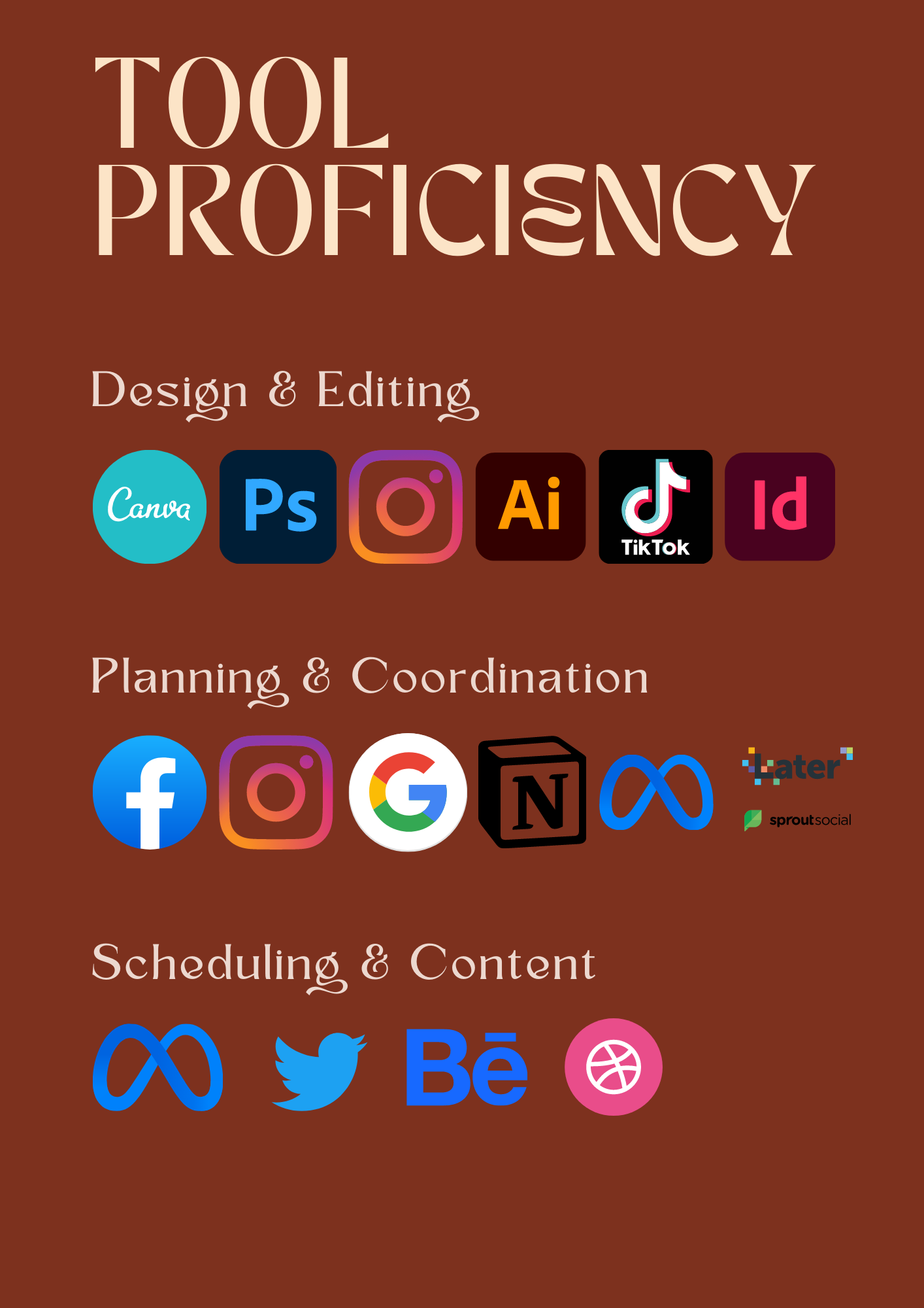 TOOL
PROFICIENCY

Design & Editing,
Gr i
(< Al d

TikTok

Planning & Coordination

ASIC,

Scheduling, & Content

7