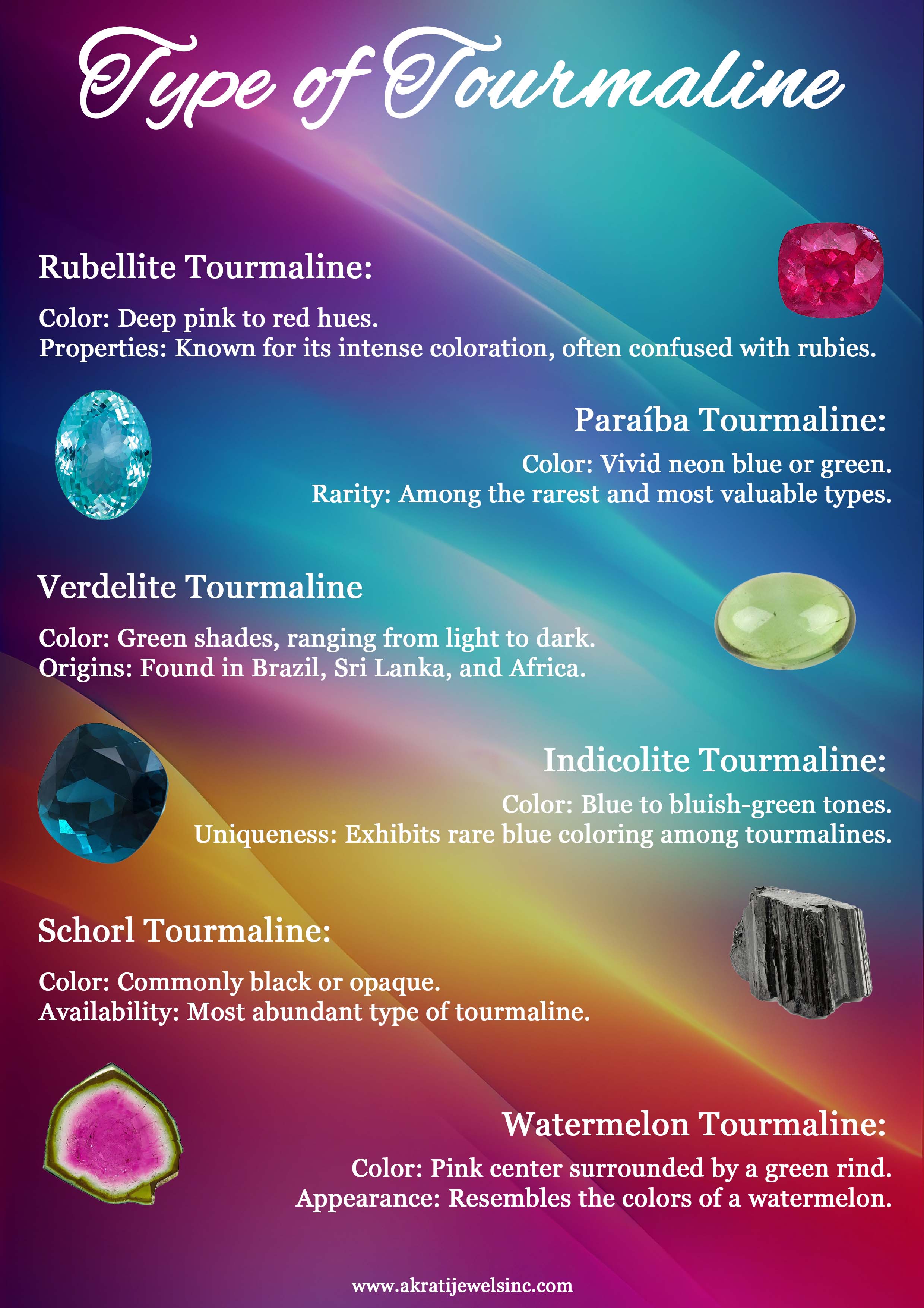 : : ta IY
Rubellite Tourmaline: TR
Color: Deep pink to red hues.

Properties: Known for its intense coloration, o SL RB TIE

Paraiba Tourmaline:

Color: Vivid neon blue or green.
Rarity: Among the ra and most valuable types.

         
 
  
    
  
 
  
 
  

Verdelite Tourmalin

Color: Green shades, rar § 8 4
Origins: Found in Bi: Bs —

maline:

een tones.
BR
AY

Schorl Tourn

Color: Commonly black or ¢
Availability: Most abundant ty;

9
aque

ve of tourmaline.

  

Watermelon Tourmaline:
a

Color: Pink center surrounded by a green rind.
Appearance: Resembles the colors of a watermelon.

 

www.akratijewelsinc.com