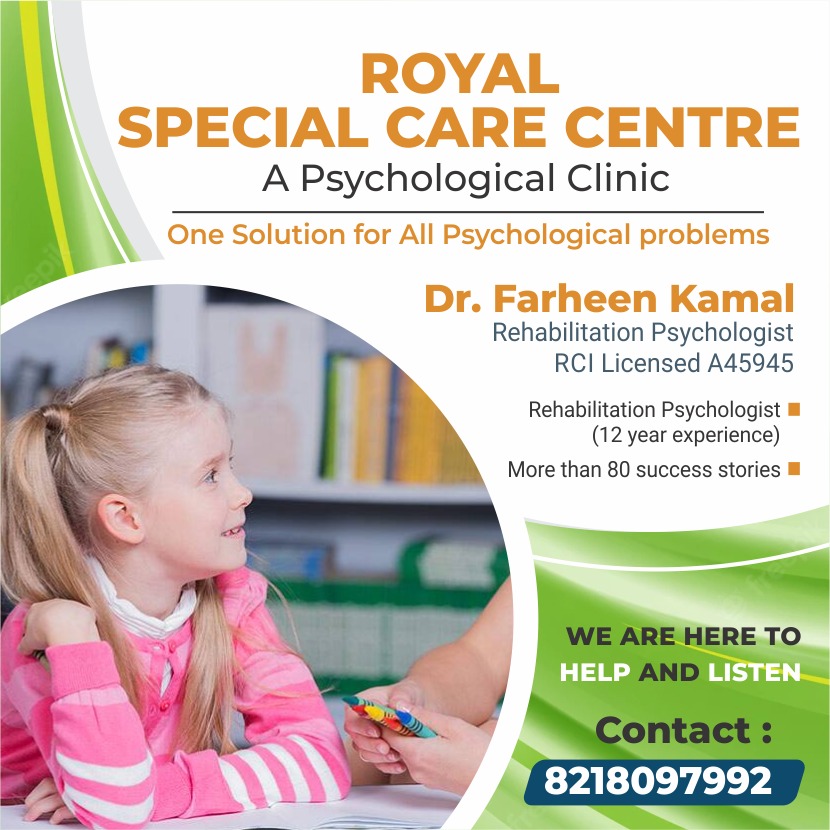 ROYAL
SPECIAL CARE CENTRE
\ A Psychological Clinic
0

One Solution for All Psychological problems

Dr. Farheen Kamal
Rehabilitation Psychologist
RCI Licensed A45945
Rehabilitation Psychologist ®

(12 year experience)
More than 80 success stories ®