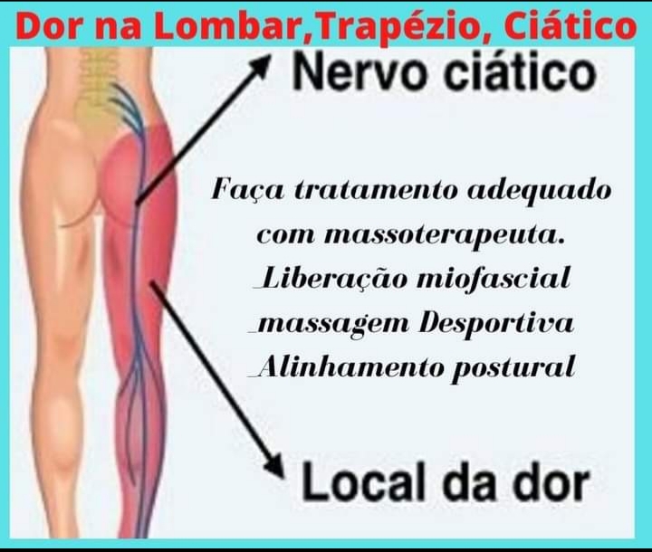 Dor na Lombar,Trapézio, Ciatico
Nervo ciatico

   
 

Faca tratamento adequado
com massoterapeuta.
Liberacao miofascial
massagem Desportiva

Alinhamento postural

Local da dor