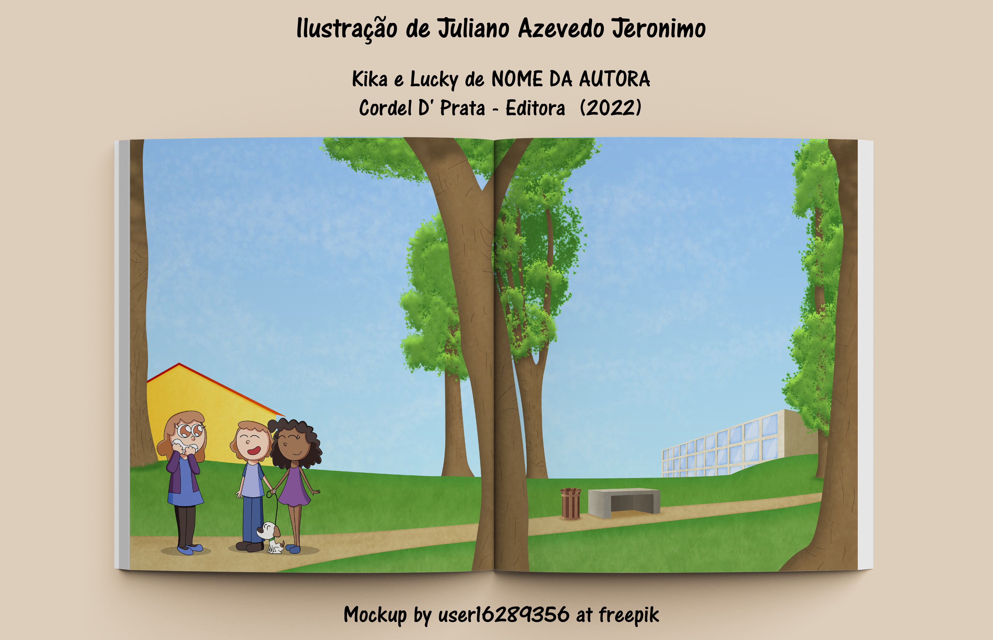 llustragao de Juliano Azevedo Jeronimo
Kika e Lucky de NOME DA AUTORA
Cordel D' Prata - Editora (2022)
Mockup by userl6289356 at freepik