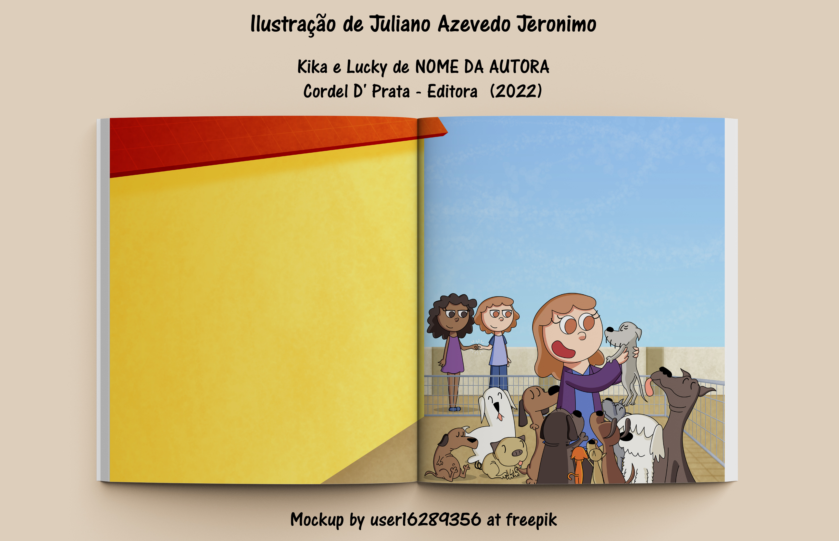 llustragao de Juliano Azevedo Jeronimo
Kika e Lucky de NOME DA AUTORA
Cordel D' Prata - Editora (2022)
Mockup by userl6289356 at freepik