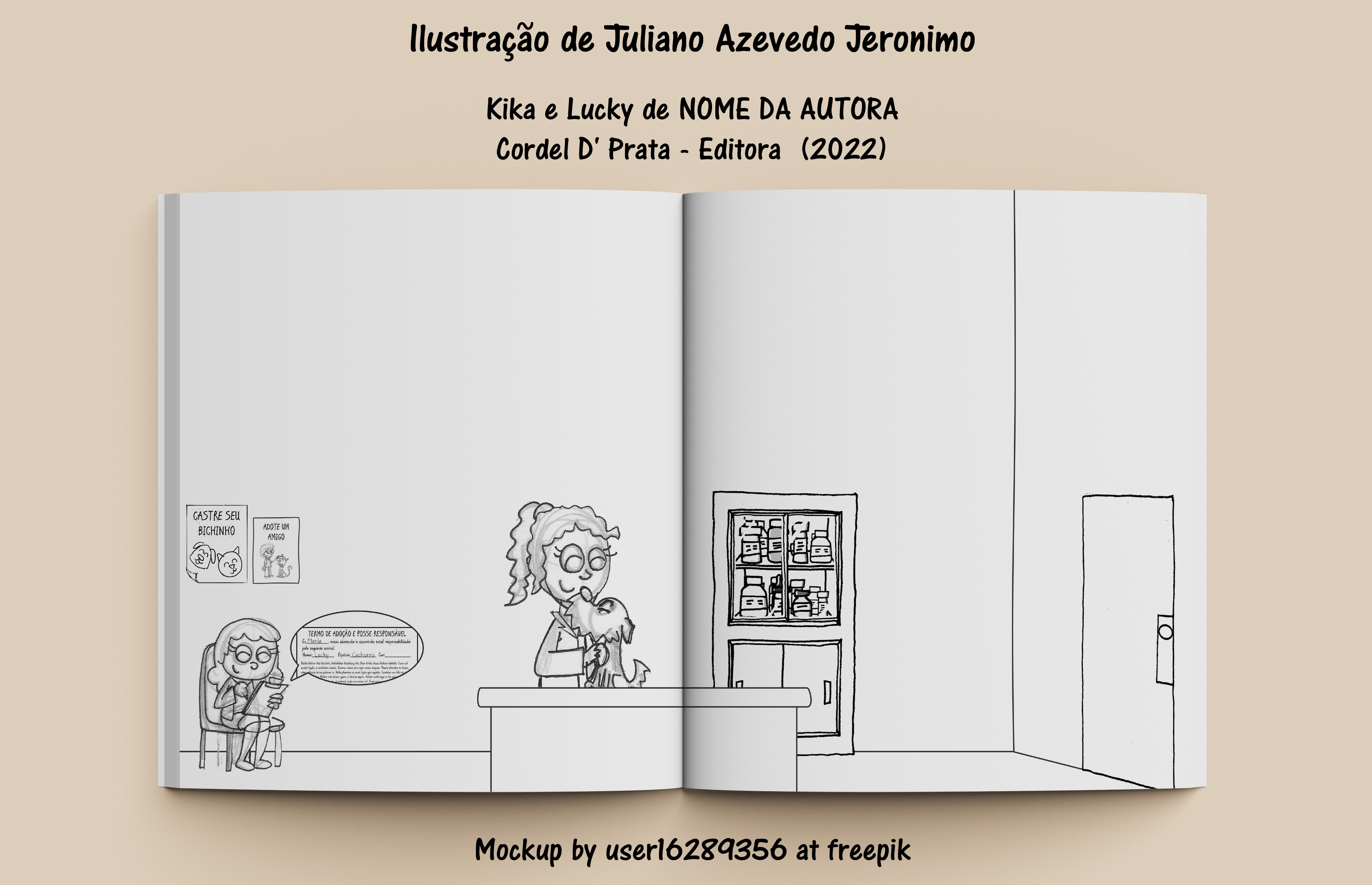 llustragao de Juliano Azevedo Jeronimo
Kika e Lucky de NOME DA AUTORA
Cordel D' Prata - Editora (2022)
Mockup by userl6289356 at freepik