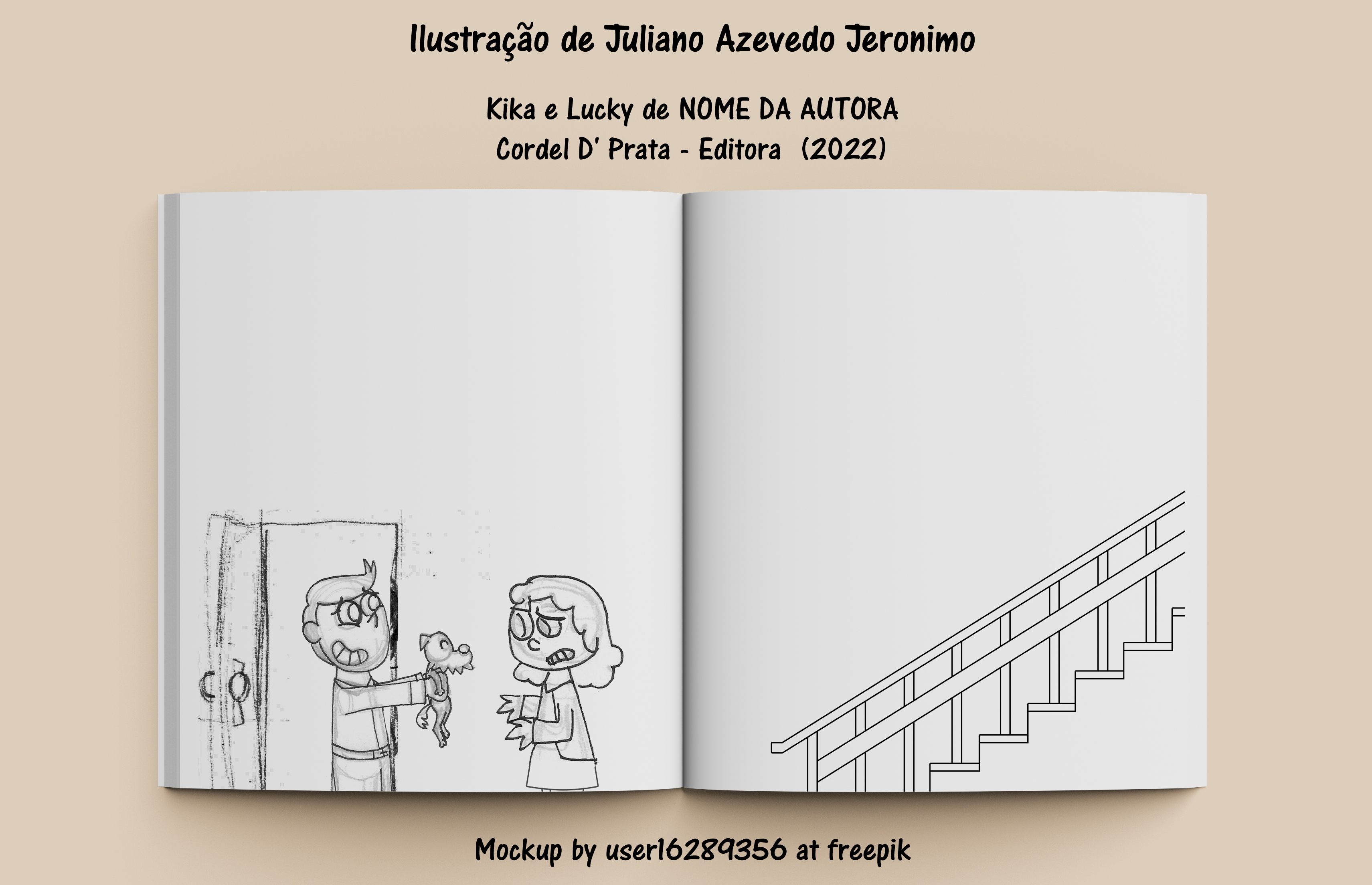 llustragao de Juliano Azevedo Jeronimo
Kika e Lucky de NOME DA AUTORA
Cordel D' Prata - Editora (2022)
* Zde
Mockup by userl6289356 at freepik