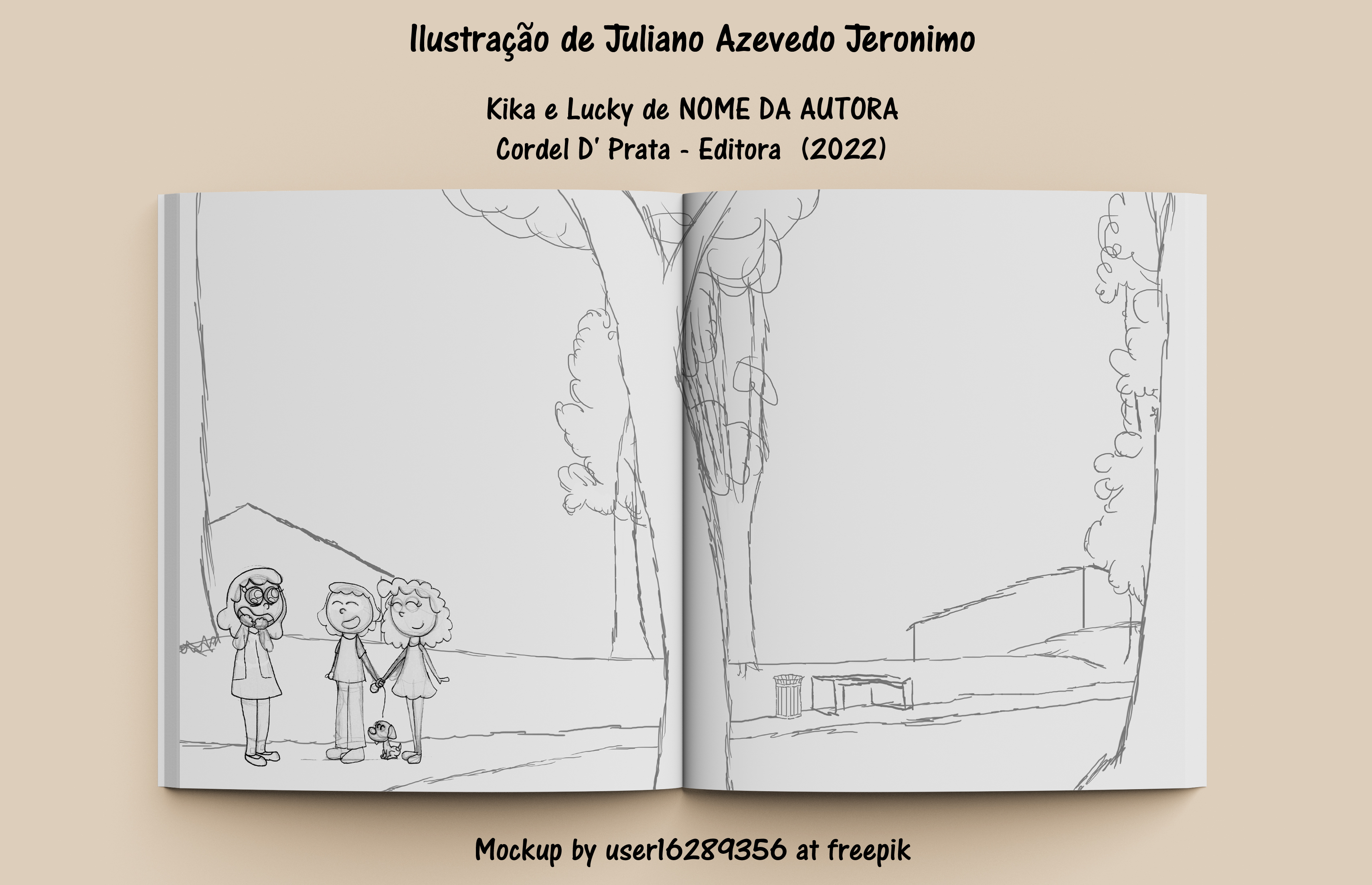 llustragao de Juliano Azevedo Jeronimo
Kika e Lucky de NOME DA AUTORA
Cordel D' Prata - Editora (2022)
Mockup by userl62894356 at freepik