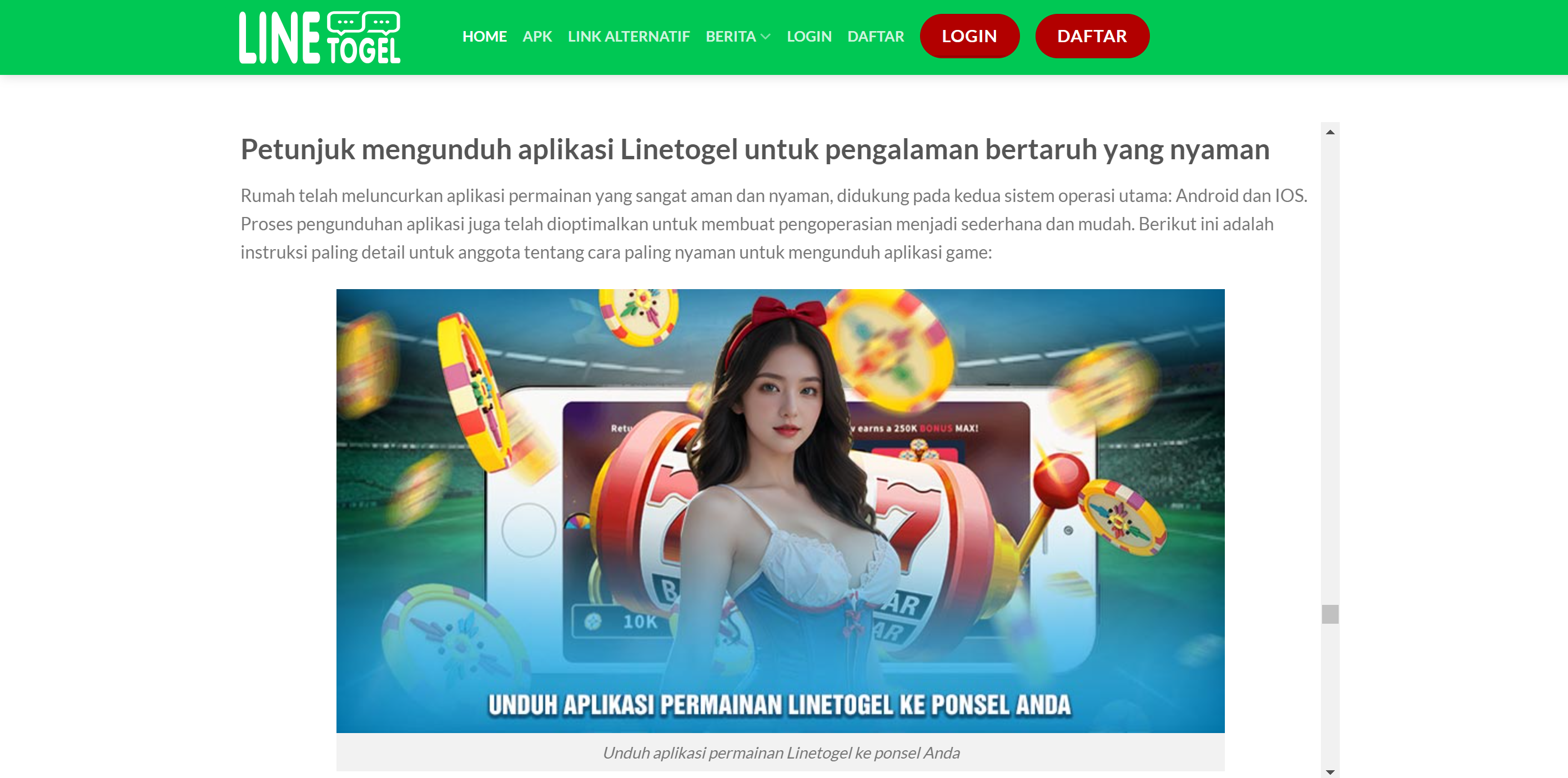 CI) HOME APK LINKALTERNATIF BERITAV LOGIN DAFTAR
- LOGIN DAFTAR
LINE oc
Petunjuk mengunduh aplikasi Linetogel untuk pengalaman bertaruh yang nyaman
Rumah telah meluncurkan aplikasi permainan yang sangat aman dan nyaman, didukung pada kedua sistem operasi utama: Android dan OS.
Proses pengunduhan aplikasi juga telah dioptimalkan untuk membuat pengoperasian menjadi sederhana dan mudah. Berikut ini adalah
instruksi paling detail untuk anggota tentang cara paling nyaman untuk mengunduh aplikasi game:
v earns a 250K
UNDUH APLIKASI PERMAINAN LINETOGEL KE PONSEL ANDA
Unduh aplikasi permainan Linetogel ke ponsel Anda