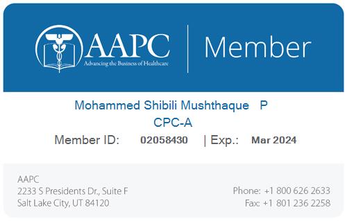 (¥DAAPC = Member

 

Mohammed Shibili Mushthaque  P
CPC-A
Member ID 07058430 | Exp Mar 2074