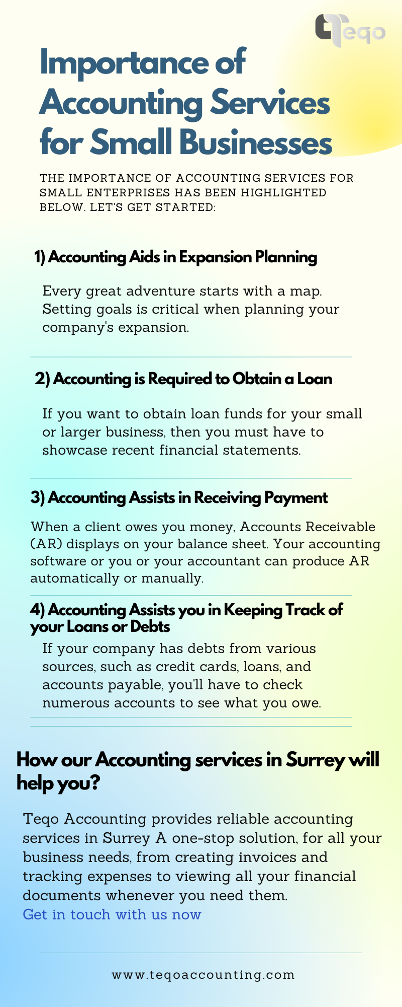 t
Importance of

Accounting Services
for Small Businesses

THE IMPORTANCE OF ACCOUNTING SERVICES FOR
SMALL ENTERPRISES HAS BEEN HIGHLIGHTED
BELOW LETS GET STARTED

1) Accounting Aids in Expansion Planning

Every great adventure starts with a map
Setting goals is critical when planning your
company’s expansion

2) Accounting is Required to Obtain a Loan

If you want to obtain loan funds for your small
or larger business, then you must have to
showcase recent financial statements

3) Accounting Assists in Receiving Payment

When a client owes you money. Accounts Receivable
(AR) displays on your balance sheet. Your accounting
software or you or your accountant can produce AR
automatically or manually

4) Accounting Assists you in Keeping Track of
your Loans or Debts
If your company has debts from various
sources. such as credit cards, loans. and
accounts payable, you'll have to check
numerous accounts to see what you owe

How our Accounting services in Surrey will
help you?

Teqo Accounting provides reliable accounting
services in Surrey A one-stop solution. for all your
business needs, from creating invoices and
tracking expenses to viewing all your financial
documents whenever you need them.

Get in touch with us now

www teqoaccounting com