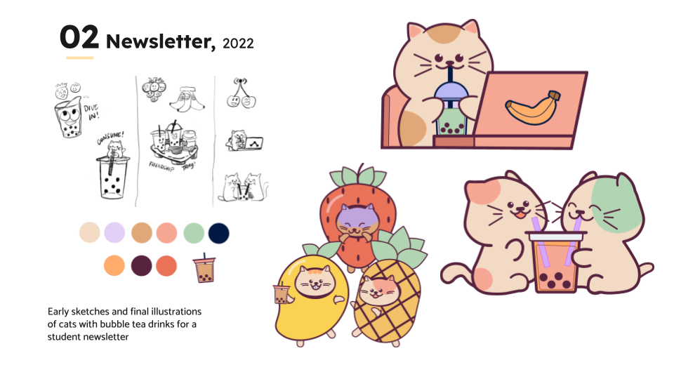 02 Newsletter, 2022

Early sketches and final ikstratons.
of cats with bubble tea drinks for 3
student newsletter