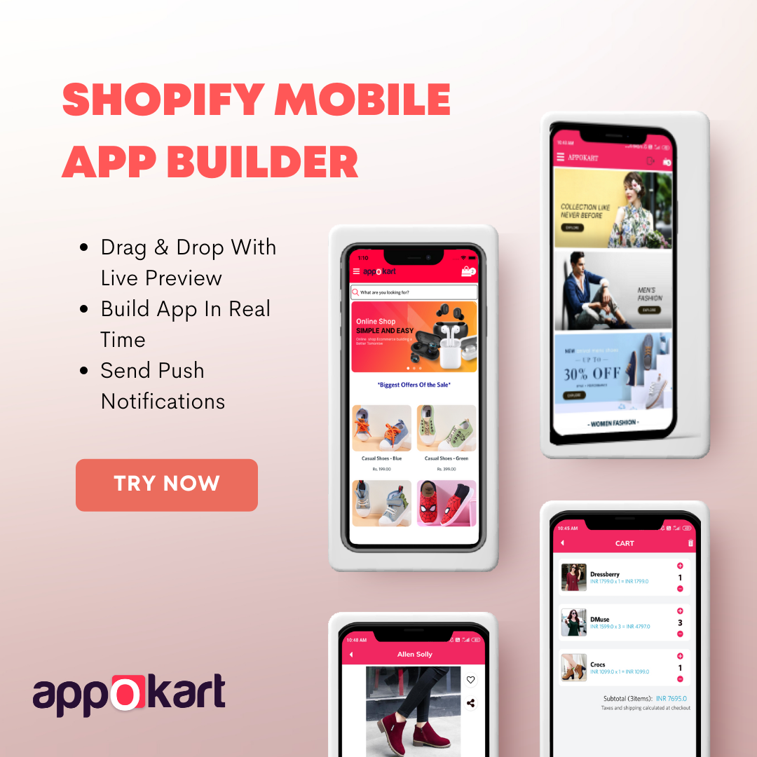 SHOPIFY MOBILE
APP BUILDER

e Drag &amp; Drop With
Live Preview

e Build App In Real
Time

e Send Push
Notifications

TRY NOW

 

appelkart