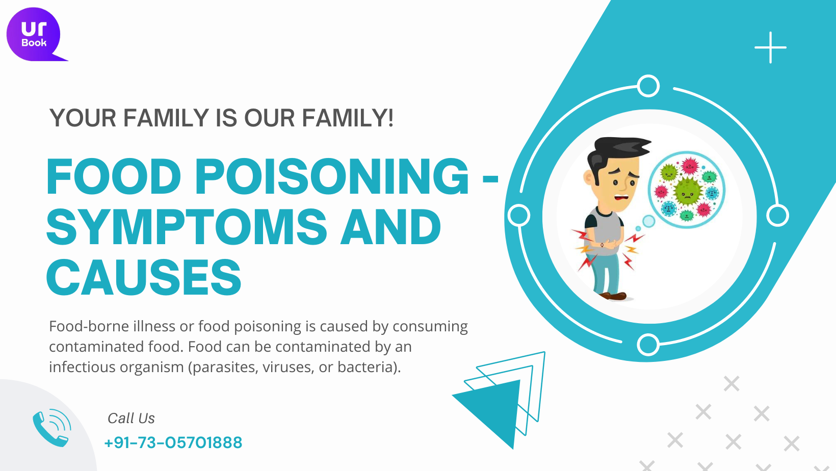 Book

YOUR FAMILY IS OUR FAMILY!

FOOD POISONING -
SYMPTOMS AND
CAUSES

Food-borne illness or food poisoning is caused by consuming
contaminated food. Food can be contaminated by an

infectious organism (parasites, viruses, or bacteria).
Q Call Us
+91-73-05701888