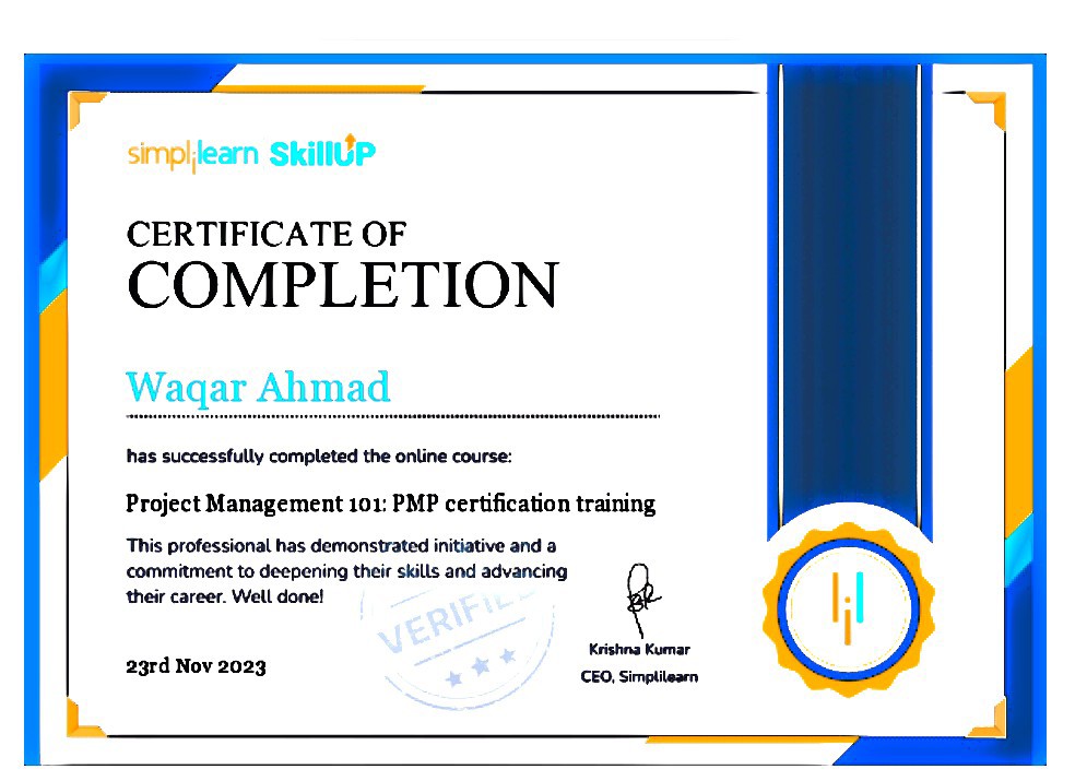 CERTIFICATE OF

COMPLETION

has successfully completed the online course:

Project Management 101: PMP certification training

This professional has demonstrated initiative and a
commitment to deepening thew skills and advancing
thew career. Well done!

23rd Nov 2023