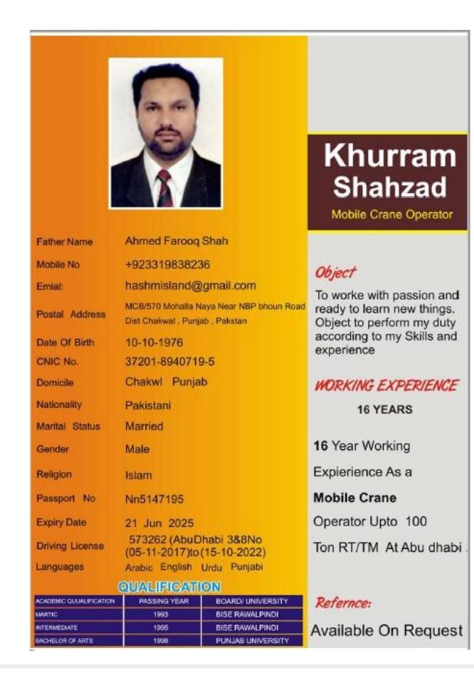 Khurram

Shahzad

 

16 Year Working
Expierience As a

Mobile Crane

Operator Upto 100

Ton RT/TM At Abu dhabi

Refernce:
Available On Request