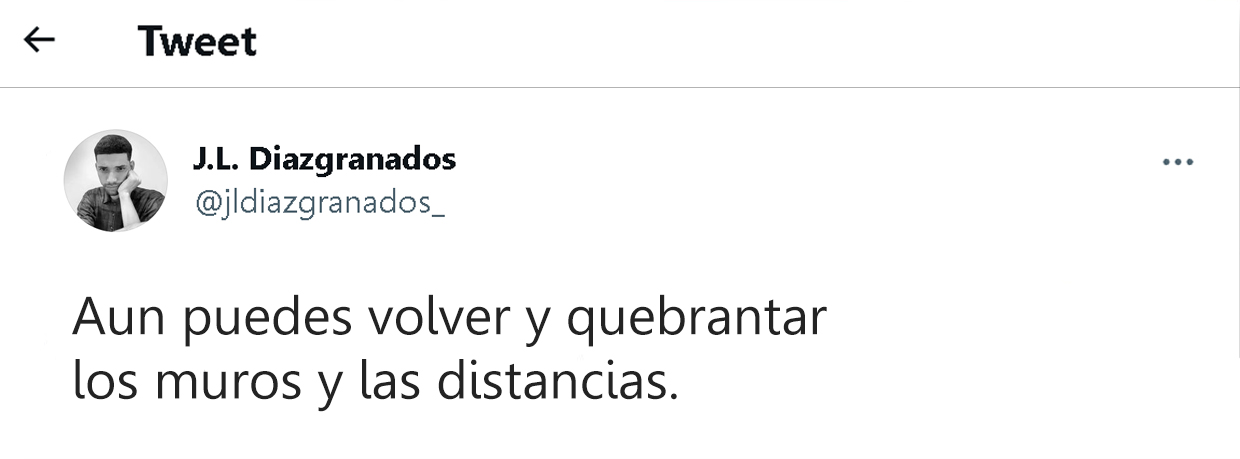 << Tweet

oN J.L. Diazgranados
v @jldiazgranados_

Aun puedes volver y quebrantar
los muros y las distancias.