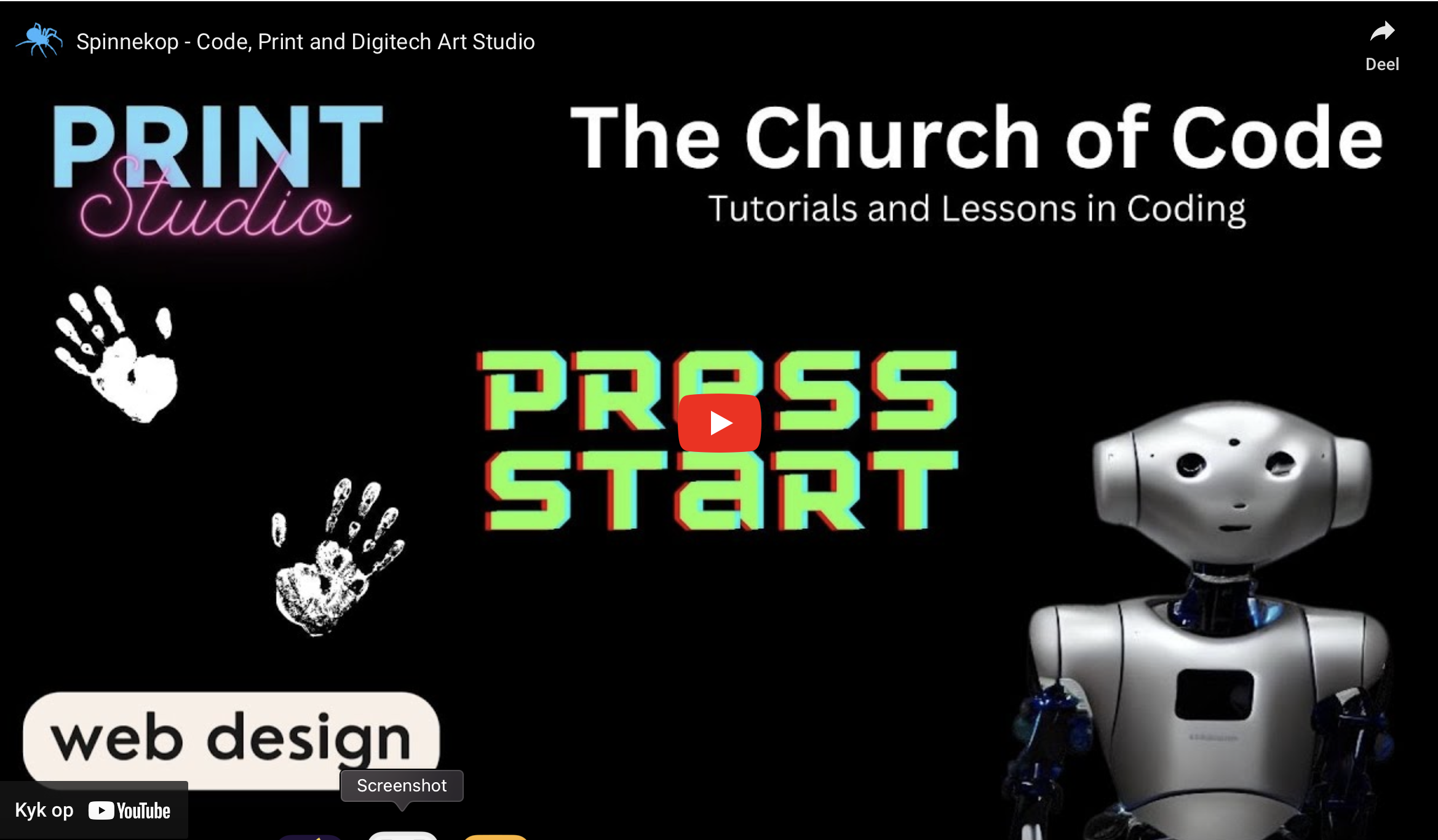 Studi ad

The Church of Code

ES Spinnekop - Code, Print and Digitech Art
PRIN | Tutorials and Lessons in Coding

 

NY
©» i
NE 3

N—
Vf
|

web desig

Screenshot

h -
]
|
: -
1)

     

Kyk op 3 YouTube